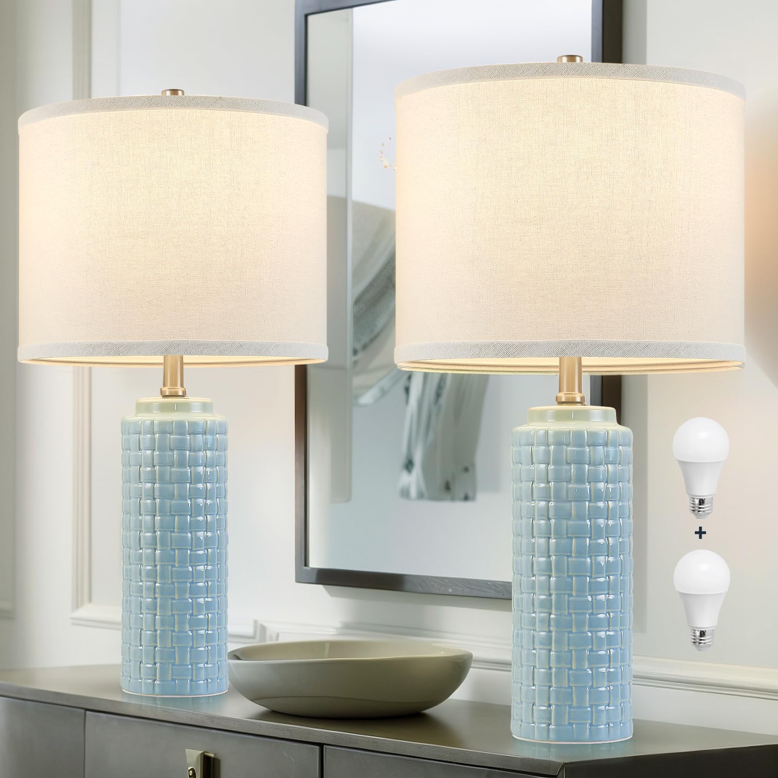 Luvkczc 24.8'' Modern Ceramic Bedside Lamps Set of 2, 3 Color Temperature & Bulbs Included - Nightstand Lamps for Bedroom, Livin