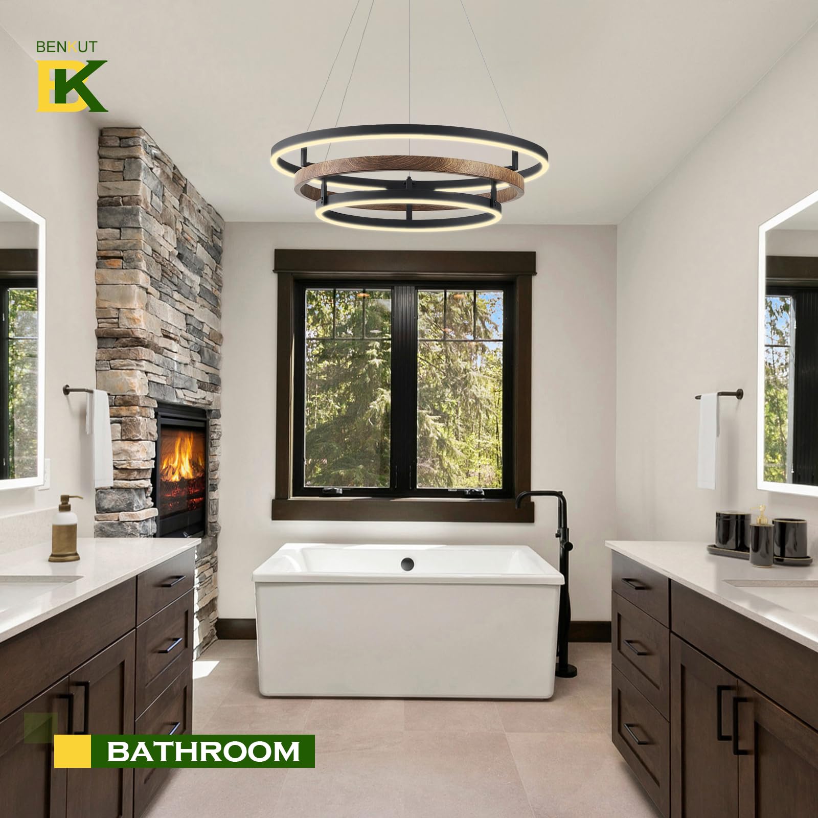 Benkut Modern LED Chandelier, Dimmable 3 Ring Pendant Light, 23.6 in, Wood Grain Black, Remote Control, High Ceiling for Dining Room & Kitchen