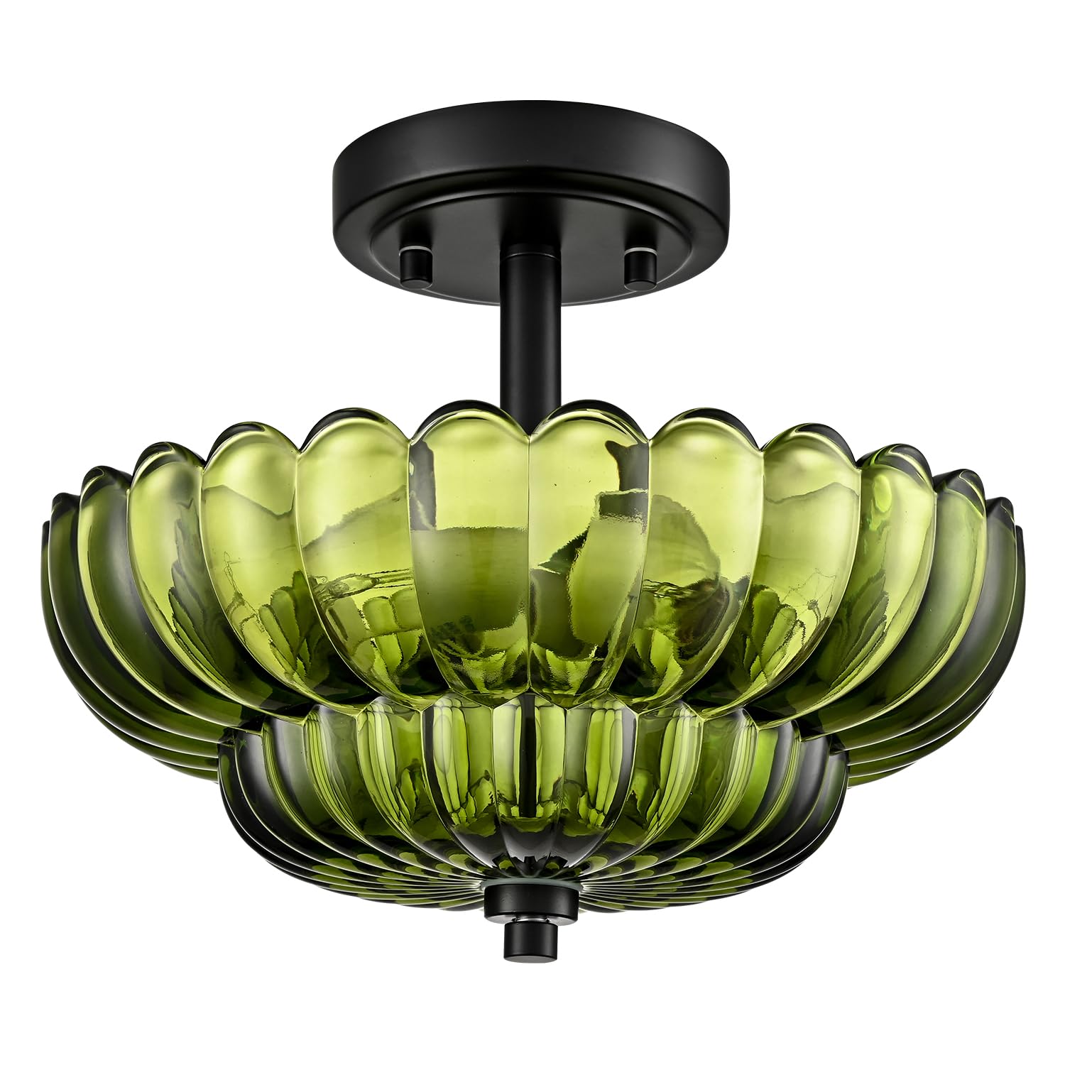 Semi Flush Mount Ceiling Light Fixture  Green Glass 3-Light Modern Vintage Ceiling Lights  Scalloped Close To Ceiling Light  Black Base Flush Mount Ceiling Light For Hallway Bedroom Entryway Kitchen