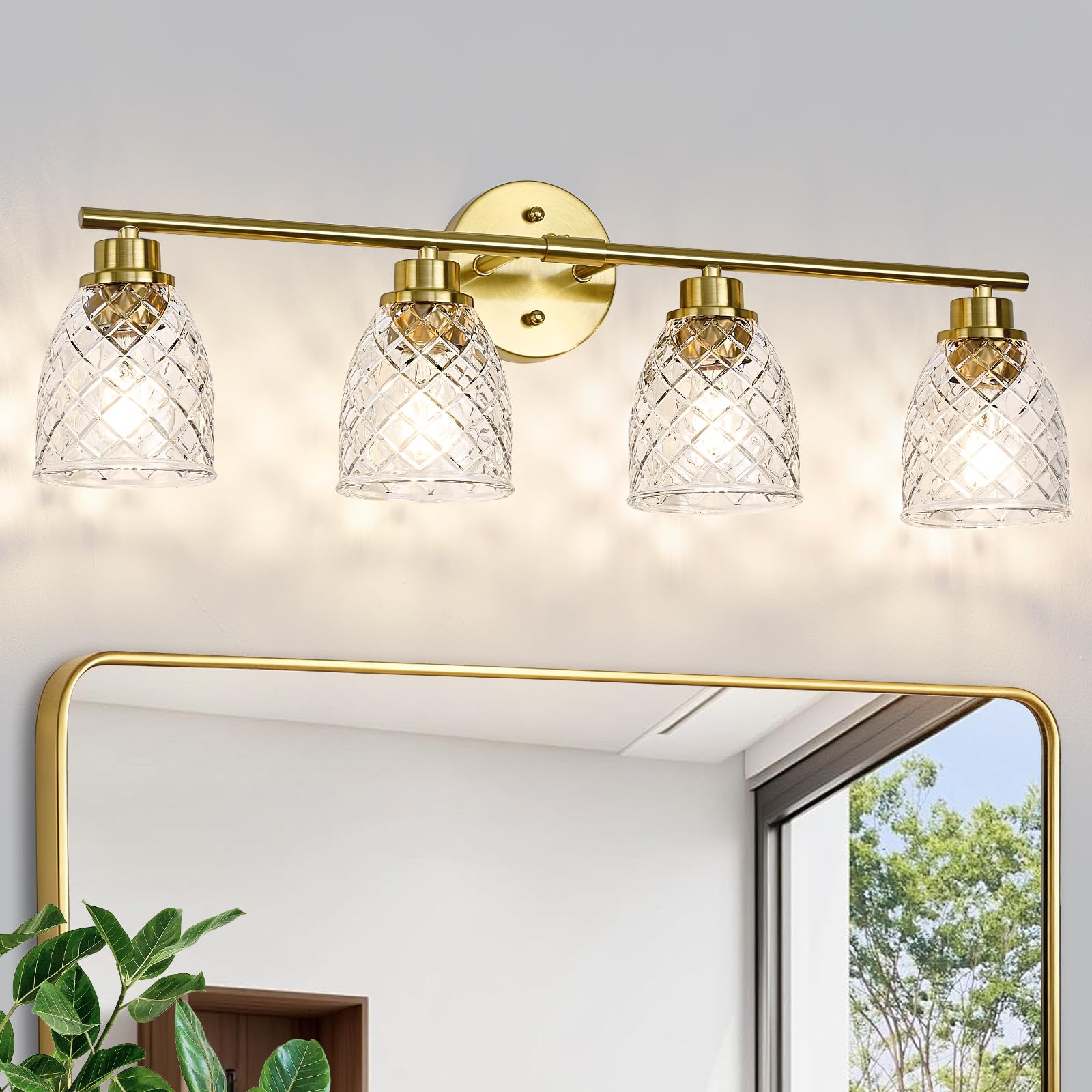 Szohva 4-Light Bathroom Light Fixtures, Modern Brushed Gold Vanity Light Over Mirror, Wall Sconce with Clear Hammered Glass Shad