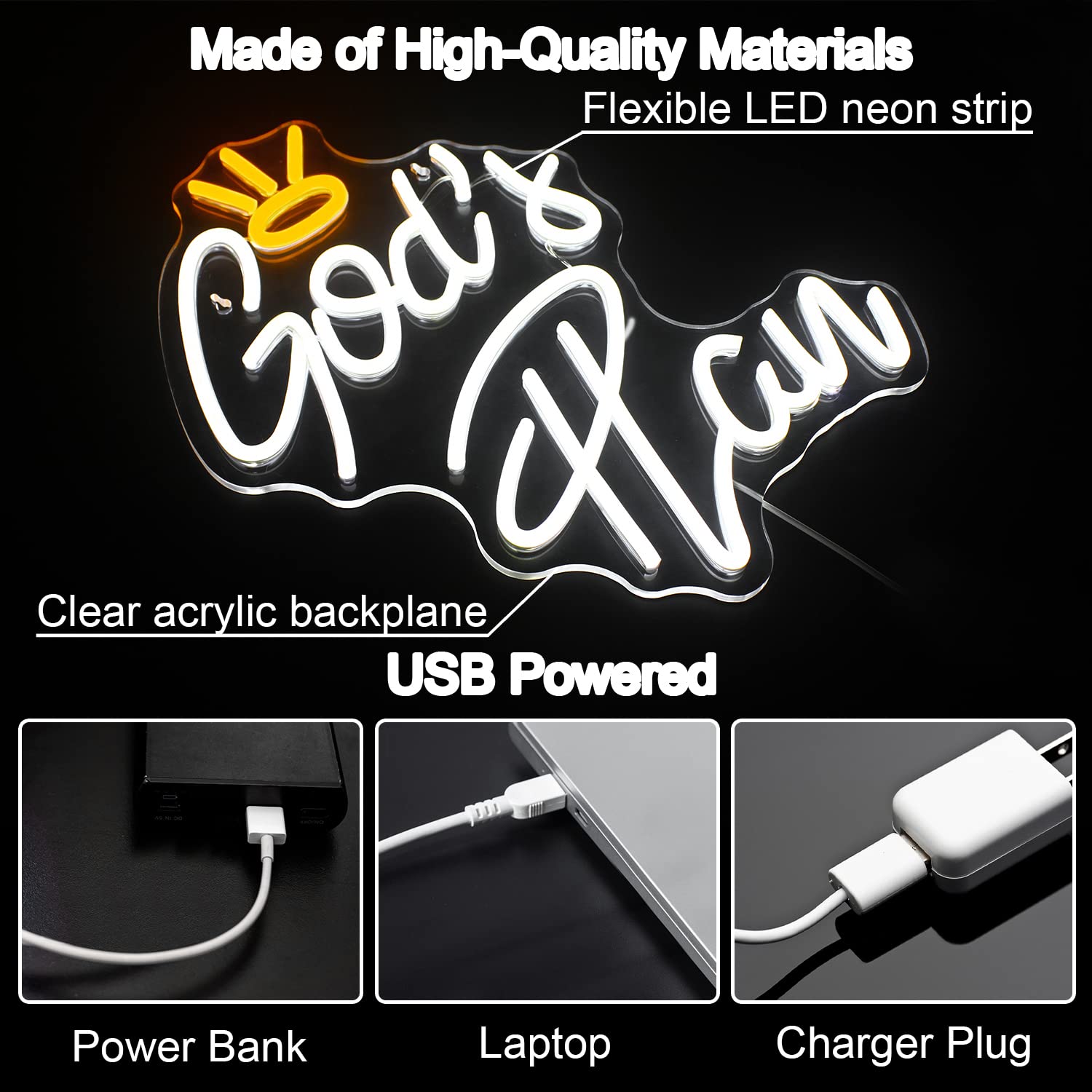Horseneon God’s Plan Neon LED Sign, White Acrylic Wall Decor, USB Powered, Model Gods Plan-1275