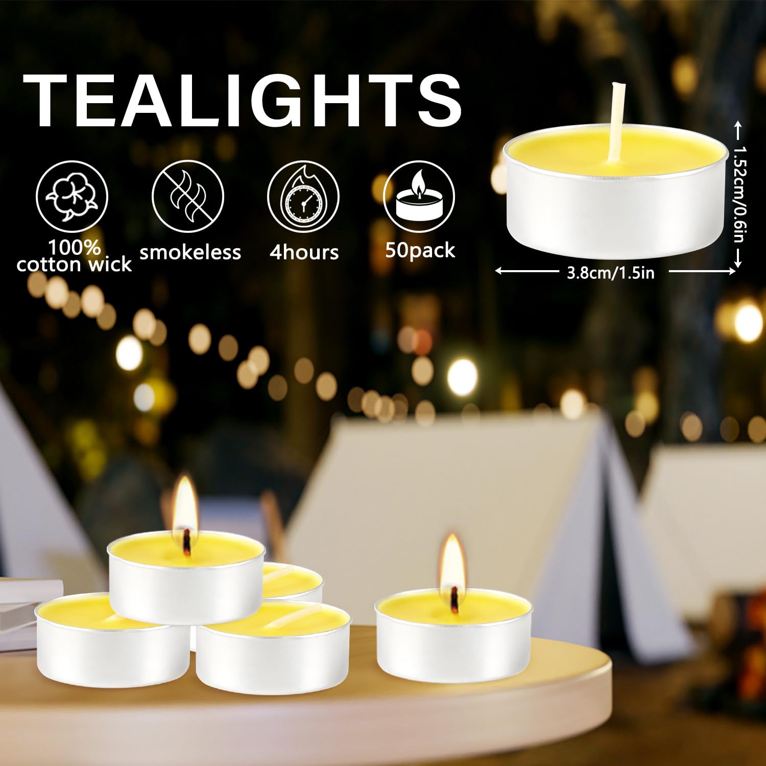Yellow Tea Lights Candle Bulk, 4 Hours Dripless Smokeless Citronella Candles for Home Garden Patio Yard Balcony Backyard - 50 Pa