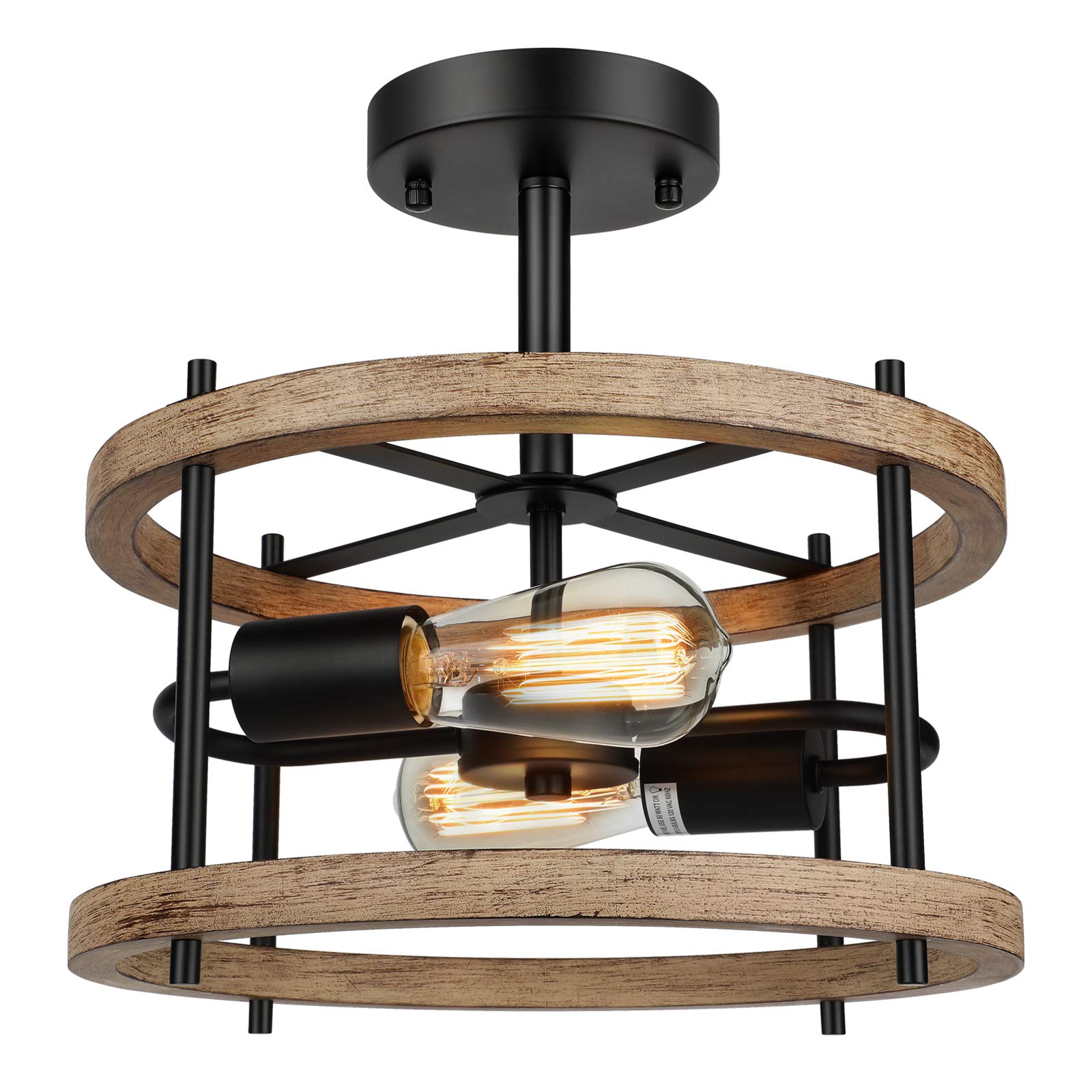 Lakumu 2-Light Semi Flush Mount Ceiling Light, Rustic Wood & Black Metal, 12.8in Size, Model C3111-02-WDBK, Oak Finish