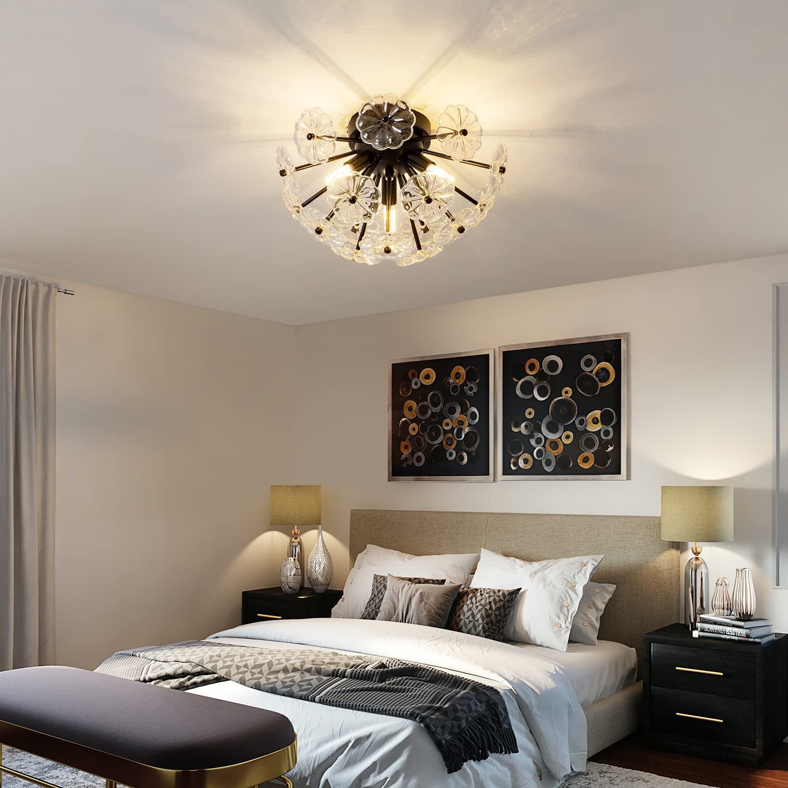 Semi Flush Mount Ceiling Light, Black Metal Flower Ceiling Light Fixtures, 3-Light Farmhouse Close To Ceiling Lamp Fixture For B