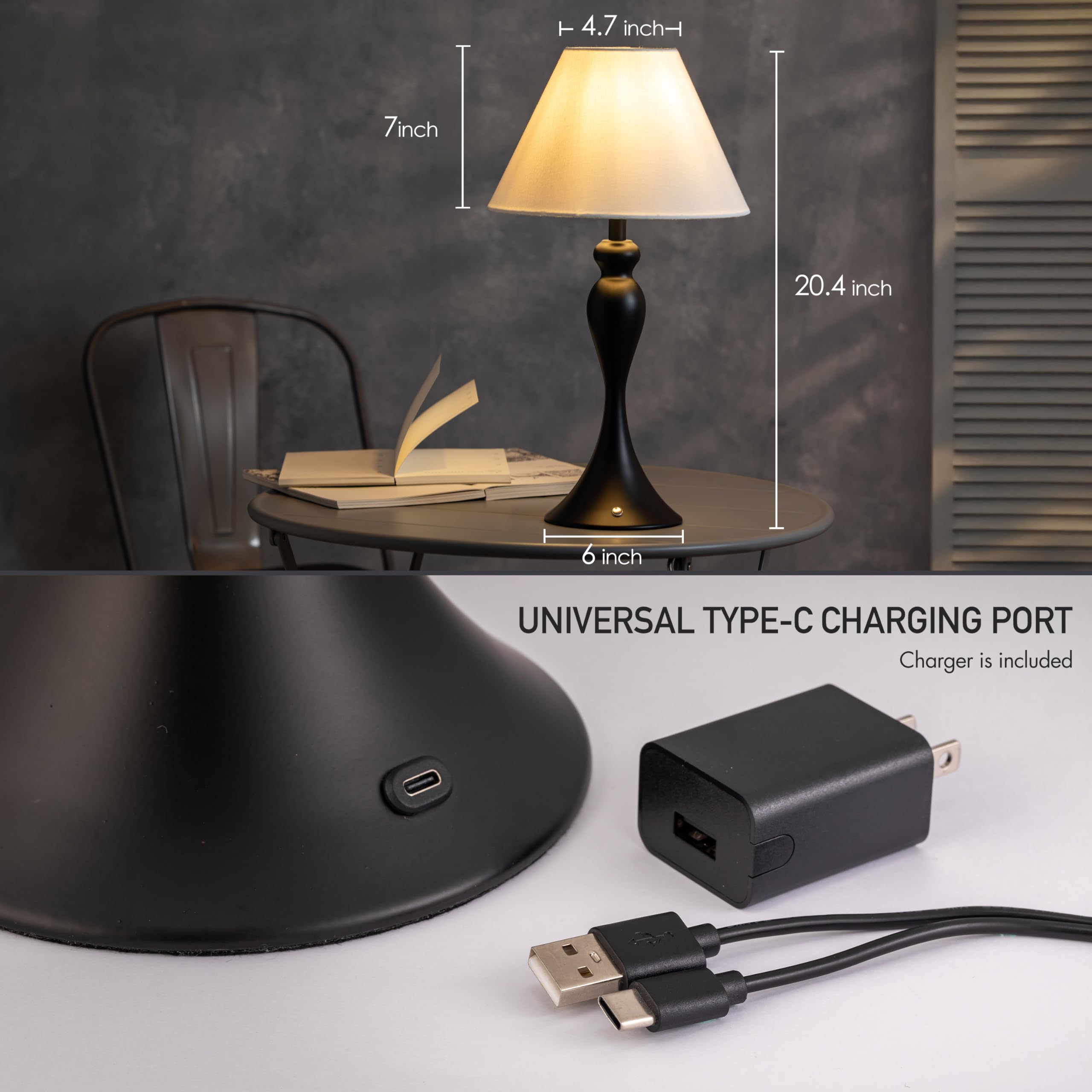 O'Bright Cordless Table Lamp - Rechargeable, Touch Dimmable, Portable, Black, Model OB-TL25B
