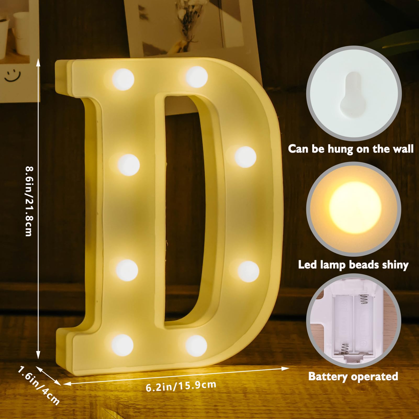 IFDGCTK Light Up Letters, LED Decorative Alphabet Light, Battery Powered, Warm Light, Model: D
