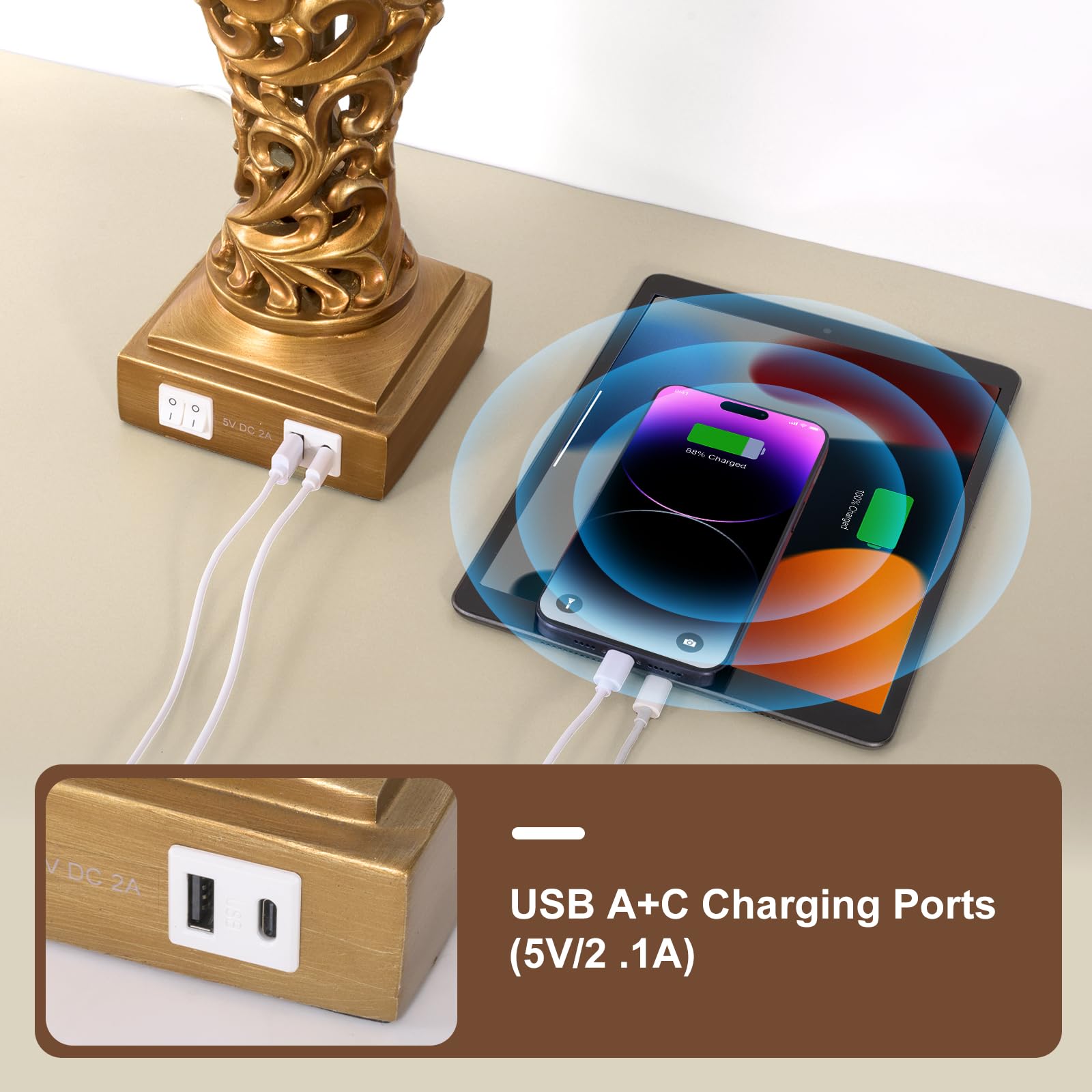 Vintage Table Lamps Set Of 2, 28.5'' Tall Antique Gold Bedside Lamps With Fabric Shades, Usb A+C Charging Ports & Night Light, F