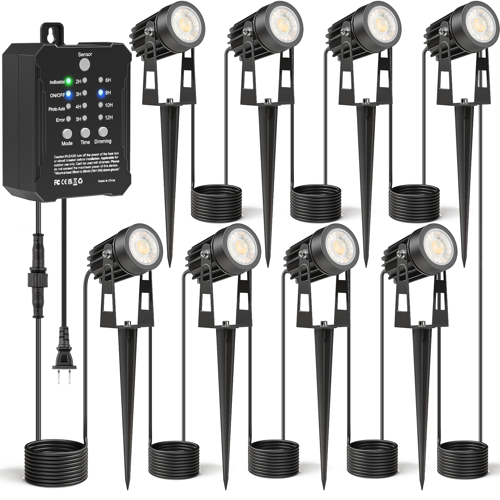 Hiboitec Low Voltage Landscape Lighting With Transformer Photocell Sensor And Timer Spotlights Kit 68Ft Etl Approved Wire Dimmable Waterproof 4000K For House Yard Trees Garden Plants Outdoor 8 Packs