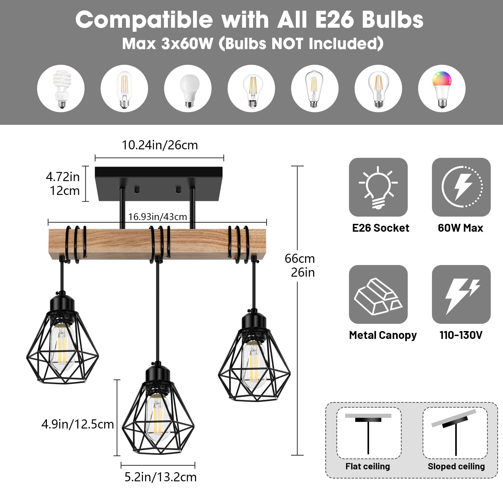 Feanron 3-Lights Farmhouse Pendant Light Fixtures, Black Metal Shades, Rustic Solid Wood, Model ZSLDD-3L for Dining Room and Kitchen