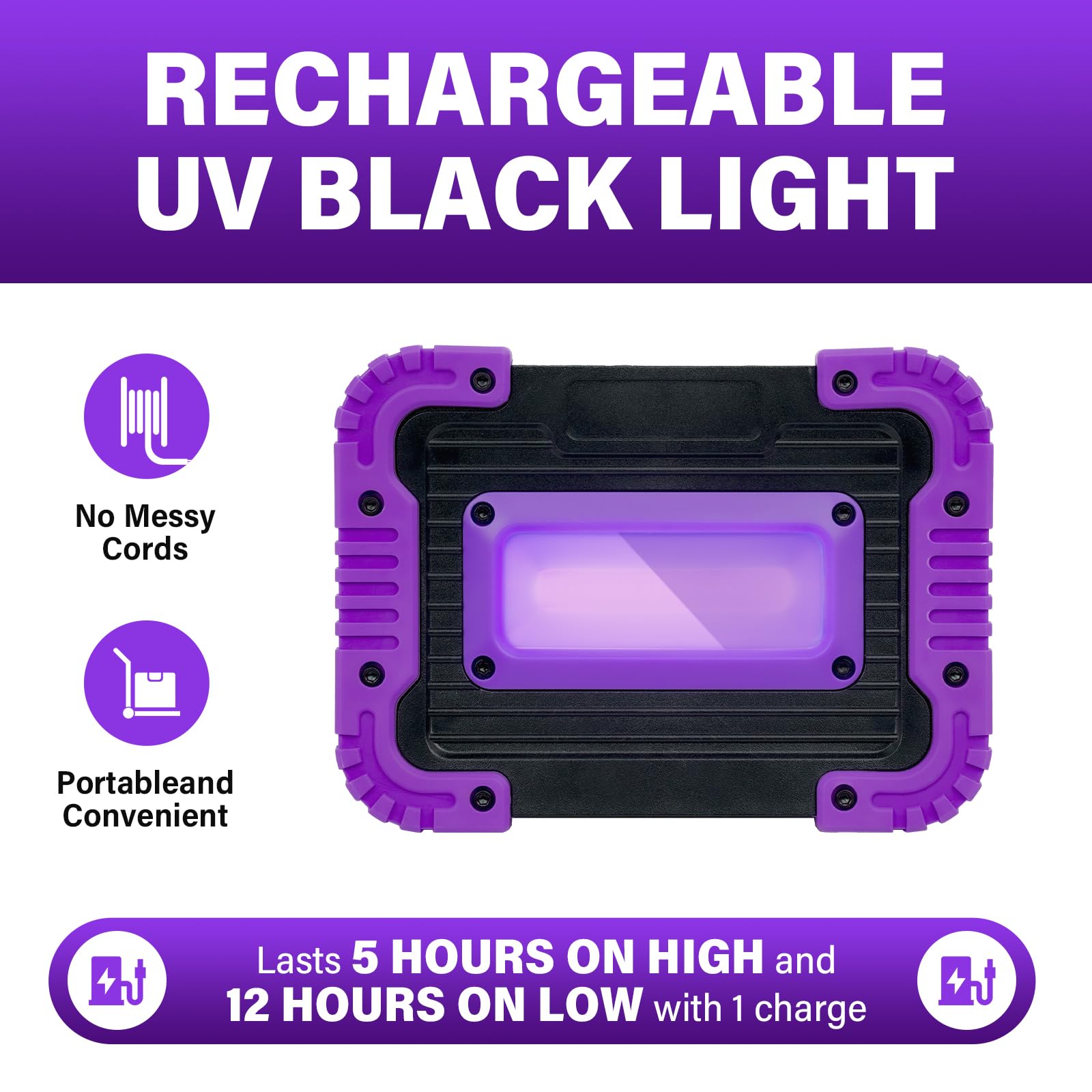 Gprk Rechargeable Black Light, Battery Powered Blacklight, Cordless 395Nm Ultraviolet Flood Light For Neon Glow Party, Aquarium, Body Paint, Fluorescent Poster, Halloween, 1 Pack