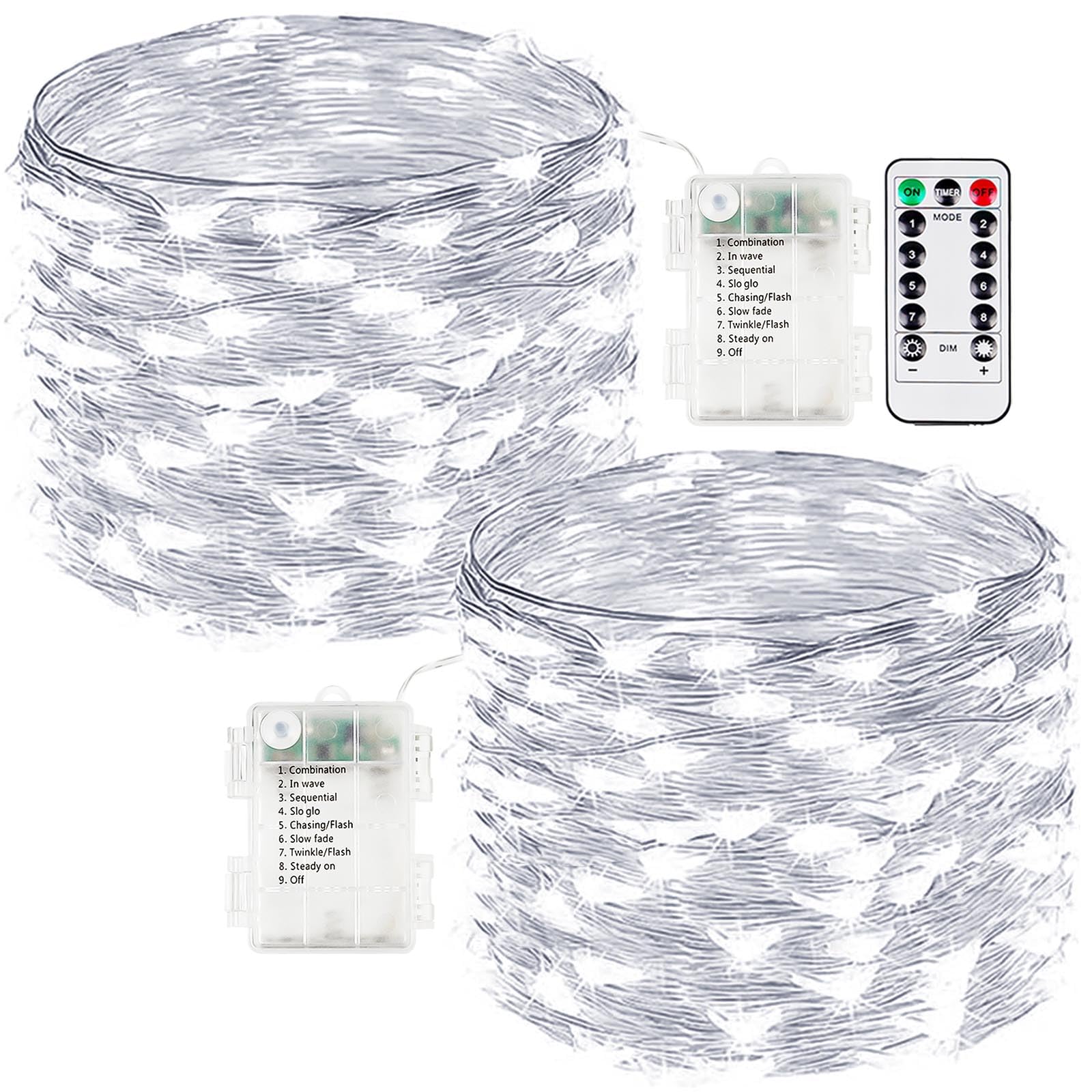 EXF 2-Pack Battery Operated Fairy Lights, 100 LED, 33FT, Remote Control, Waterproof, Cool White, Model YHY-BO50LED