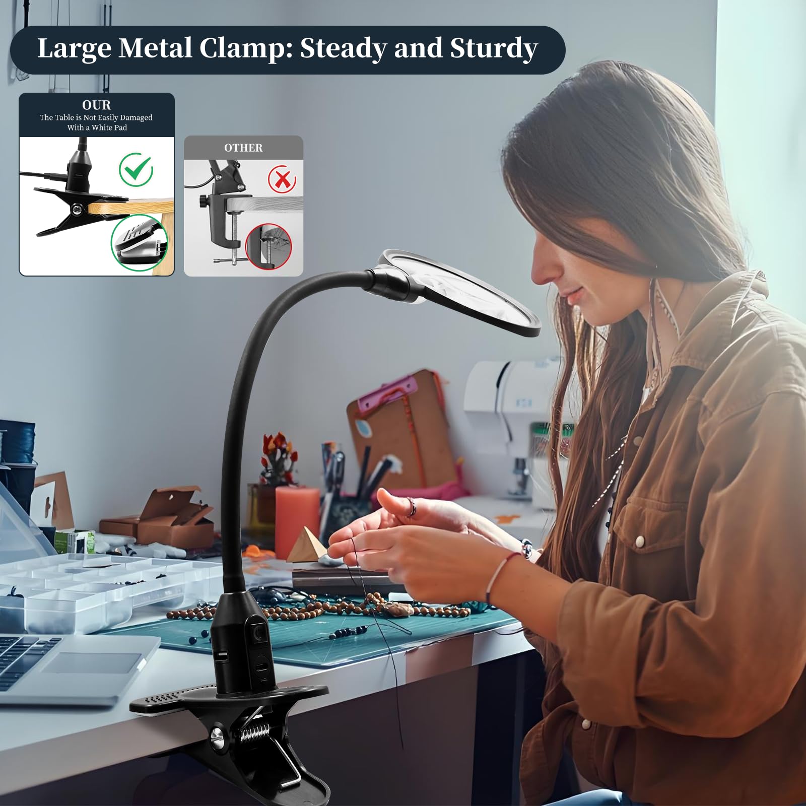 Hulboer 30X Magnifying Glass With Light And Clamp, 5.9 Inch Large Magnifier Lamp, 3 Color Modes Dimmable, Hands-Free Flexible Go