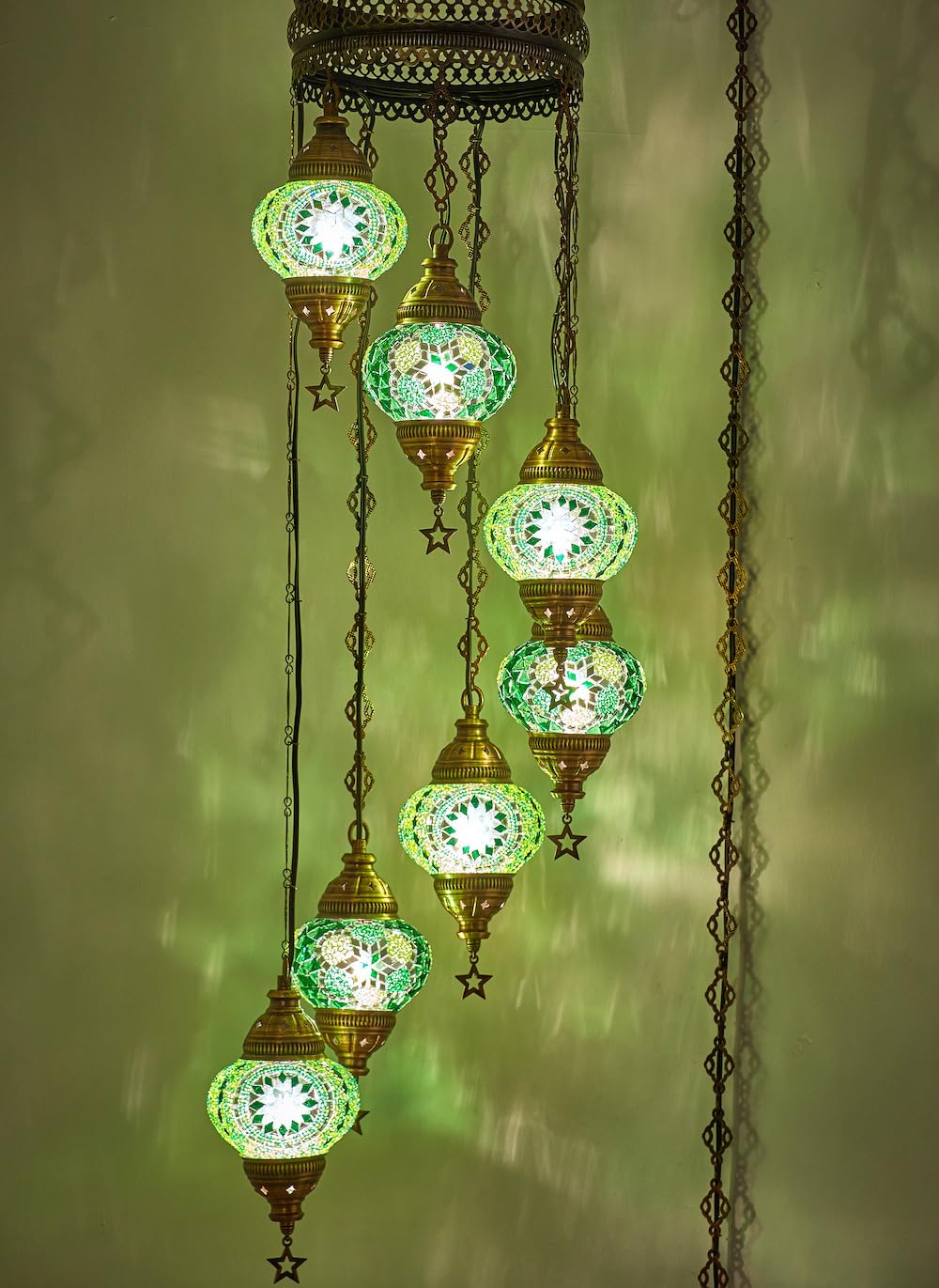 DEMMEX 7-Globe Turkish Moroccan Mosaic Chandelier, Tiffany Style Pendant Light, 59x14 Inches, Green, Model DEMMEX-Swag7