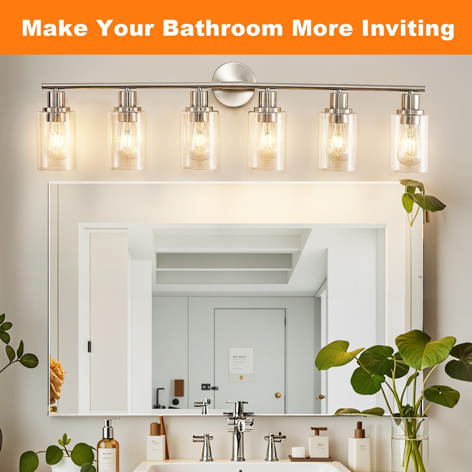 DINGLILIGHTING 6-Light Bathroom Light Fixtures, Brushed Nickel, Metal, Clear Glass Shade, Modern Vanity Lights for Mirror, Kitchen, Living Room