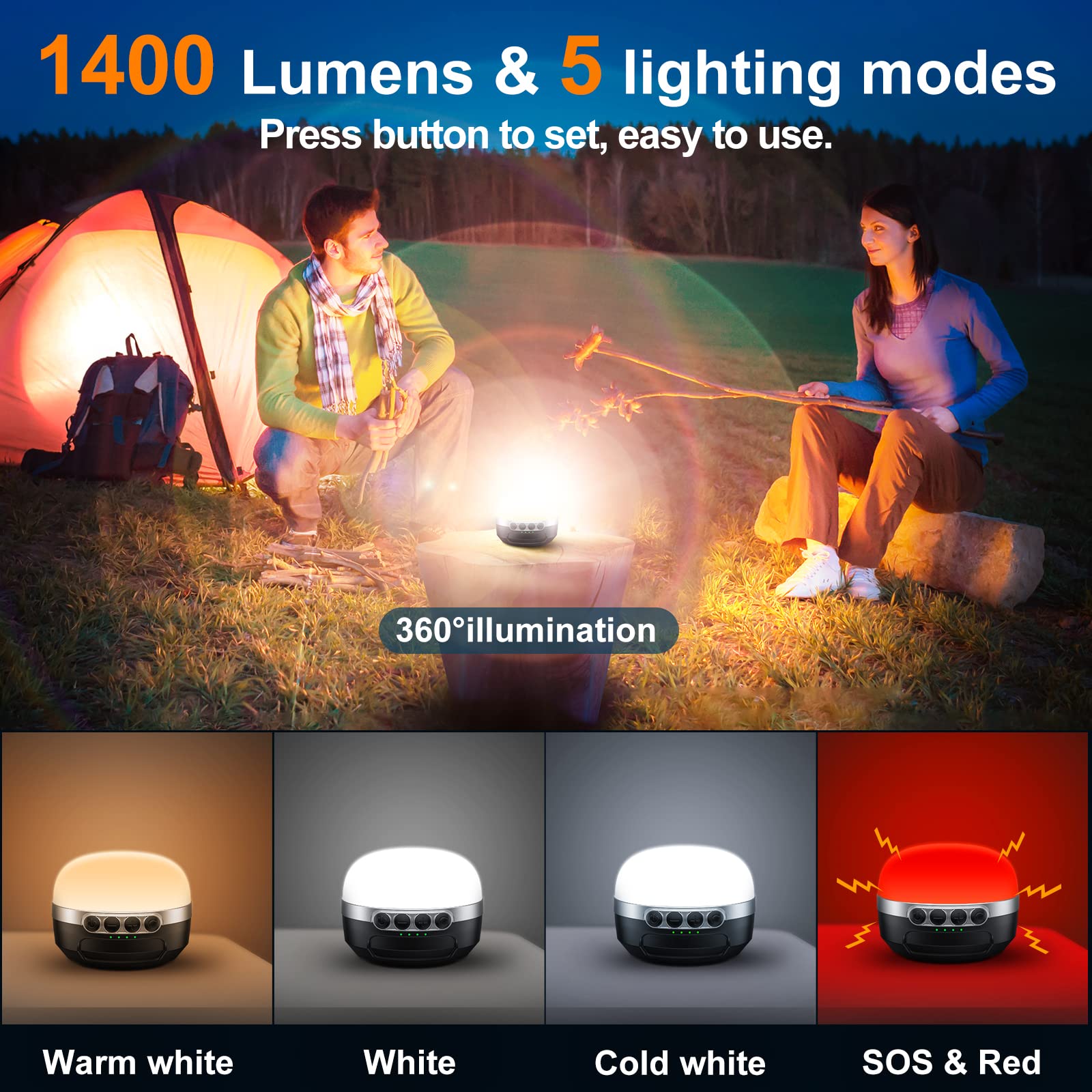 ZMNT LED Camping Lantern 1400LM Rechargeable 10400mAh Black XC10, RGB Light for Emergencies, Hiking, Home, Up to 72H Runtime