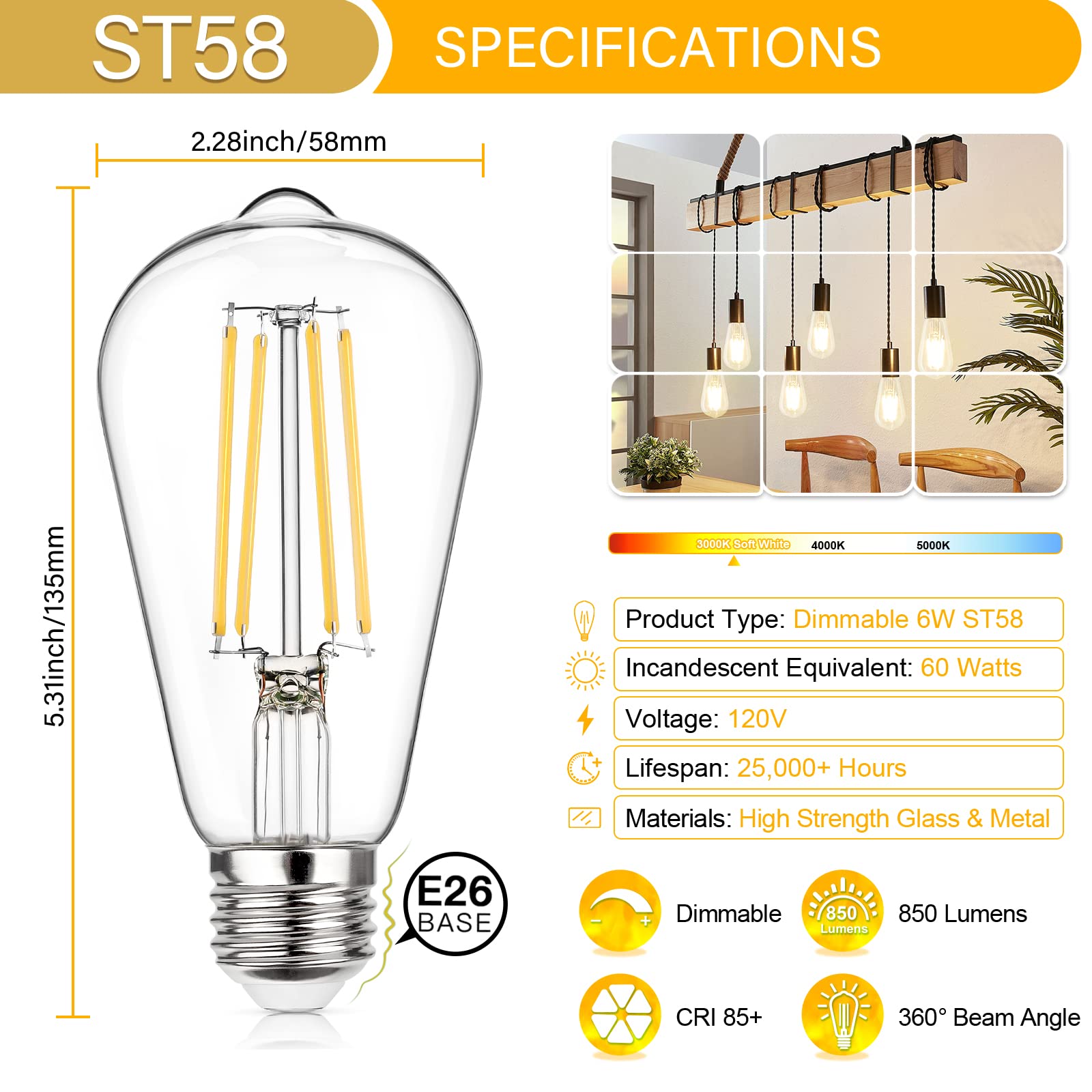 Maxvolador Vintage Led Edison Bulb Dimmable 60W Equivalent 850 Lumens, 6W Edison Light Bulbs 3000K, Antique St58 Led Filament Bulb E26 Base, Pack Of 4