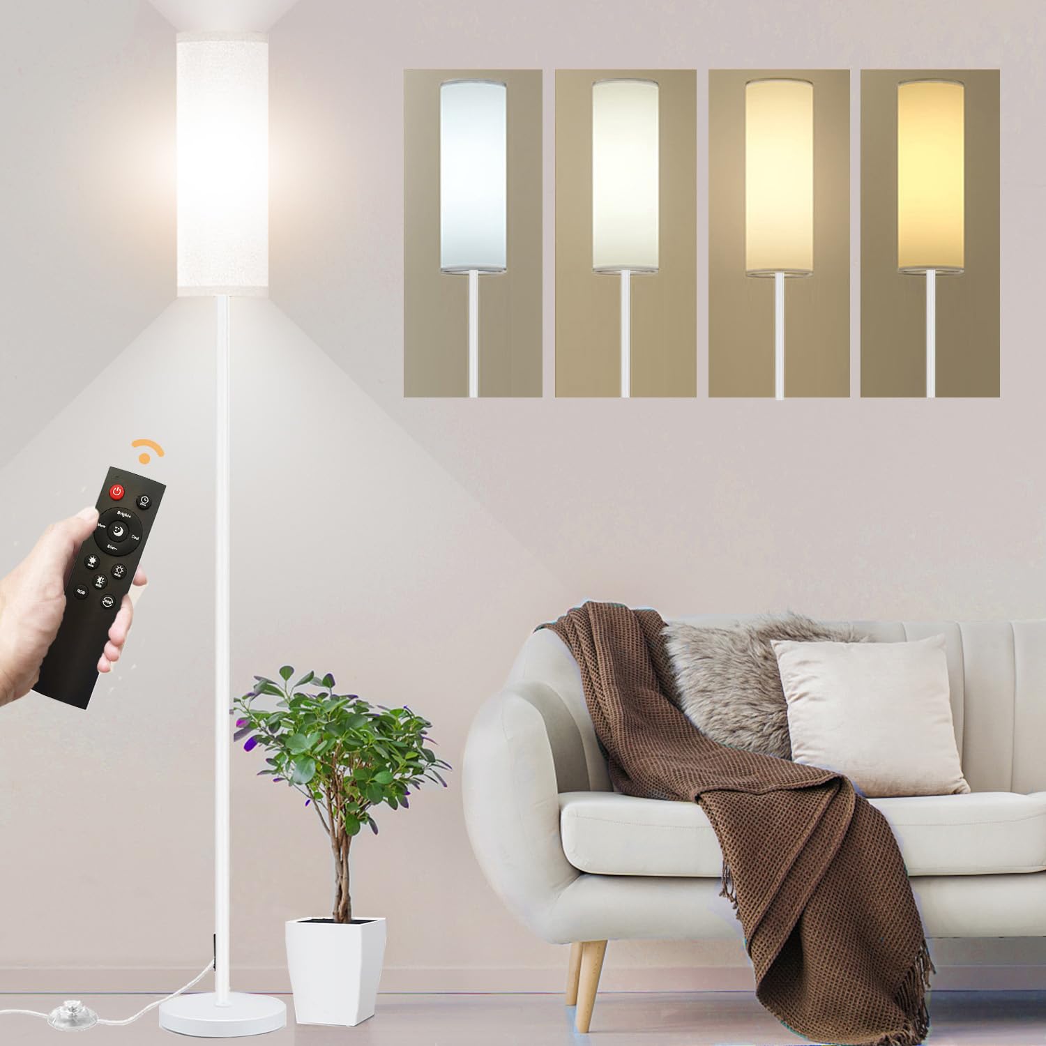 Qaubauyt Smart LED Floor Lamp - APP Control, RGB Colors, Remote, 67in Tall, Dimmable, Matte White, Model JP-RGB