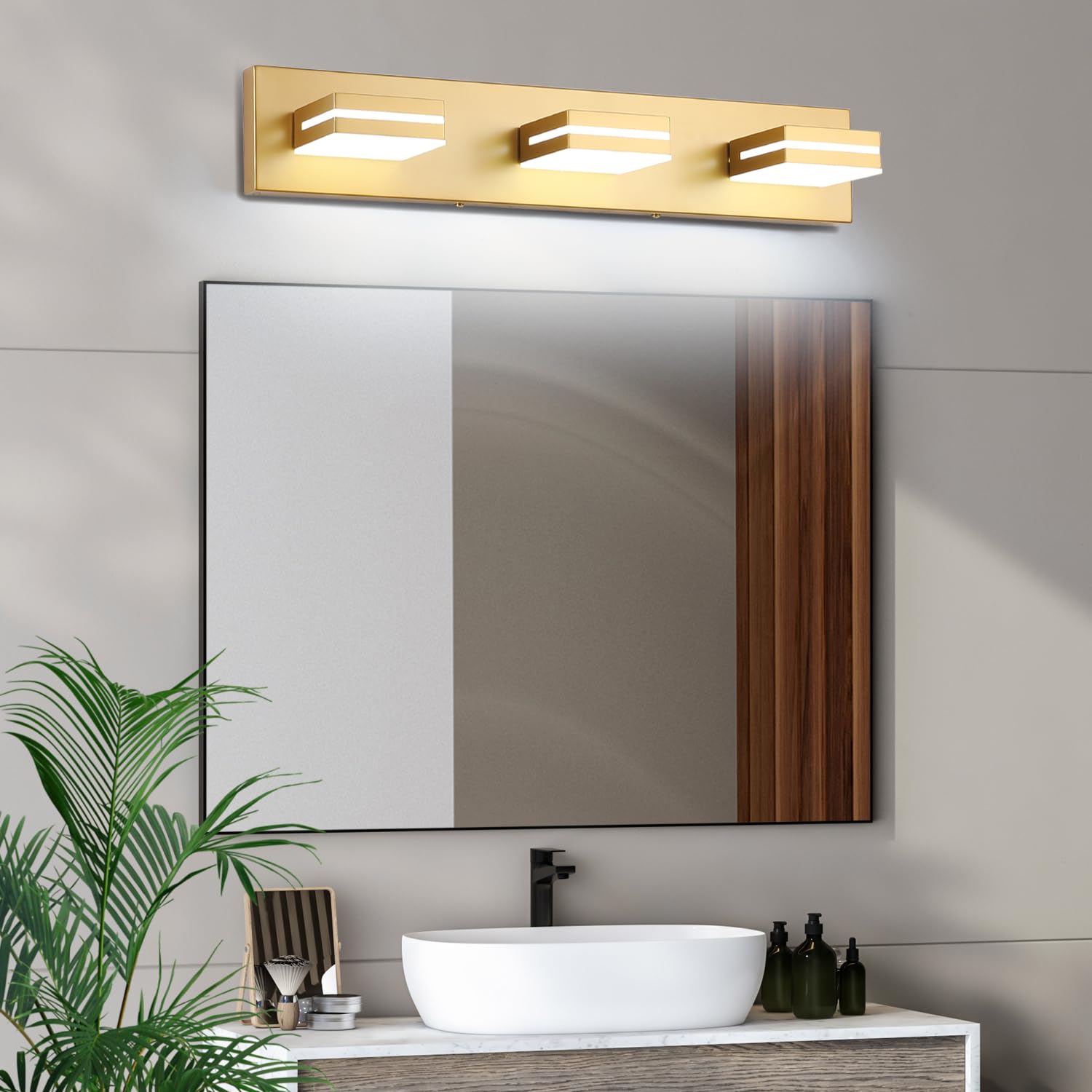 SineRise 3-Light Matte Gold LED Bathroom Vanity Light Fixture, 24-Inch, Acrylic, Cool White 6000K, Model H0001-37
