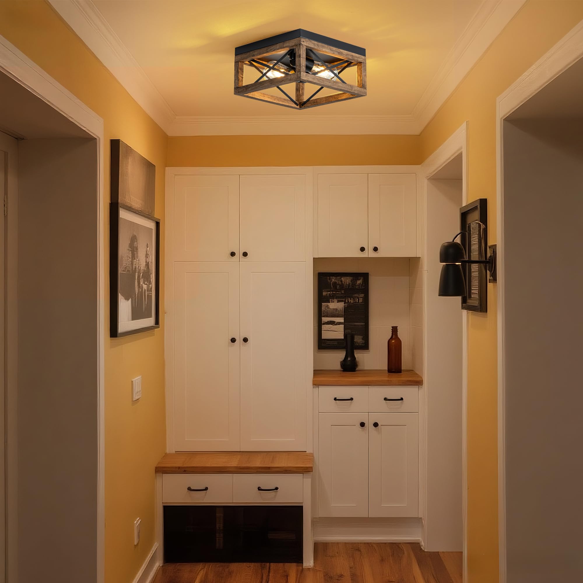 MAYNA Farmhouse Flush Mount Ceiling Light, 2-Light Rustic Design, Wood and Metal, Black-2, Perfect for Kitchen, Hallway, Bedroom, Dining Room