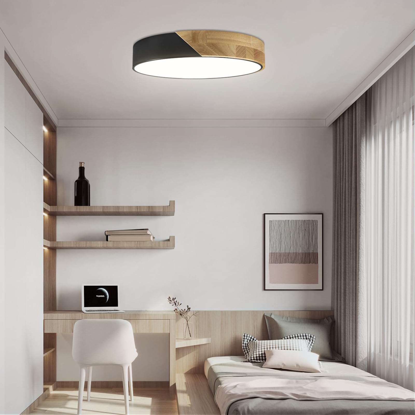 Ketom Modern Flush Mount Ceiling Light Fixture 12 Inch Led Ceiling Light, 24W Minimalist Round Shaped Wood Ceiling Lamp Natural White 4500K, Not Dimmable