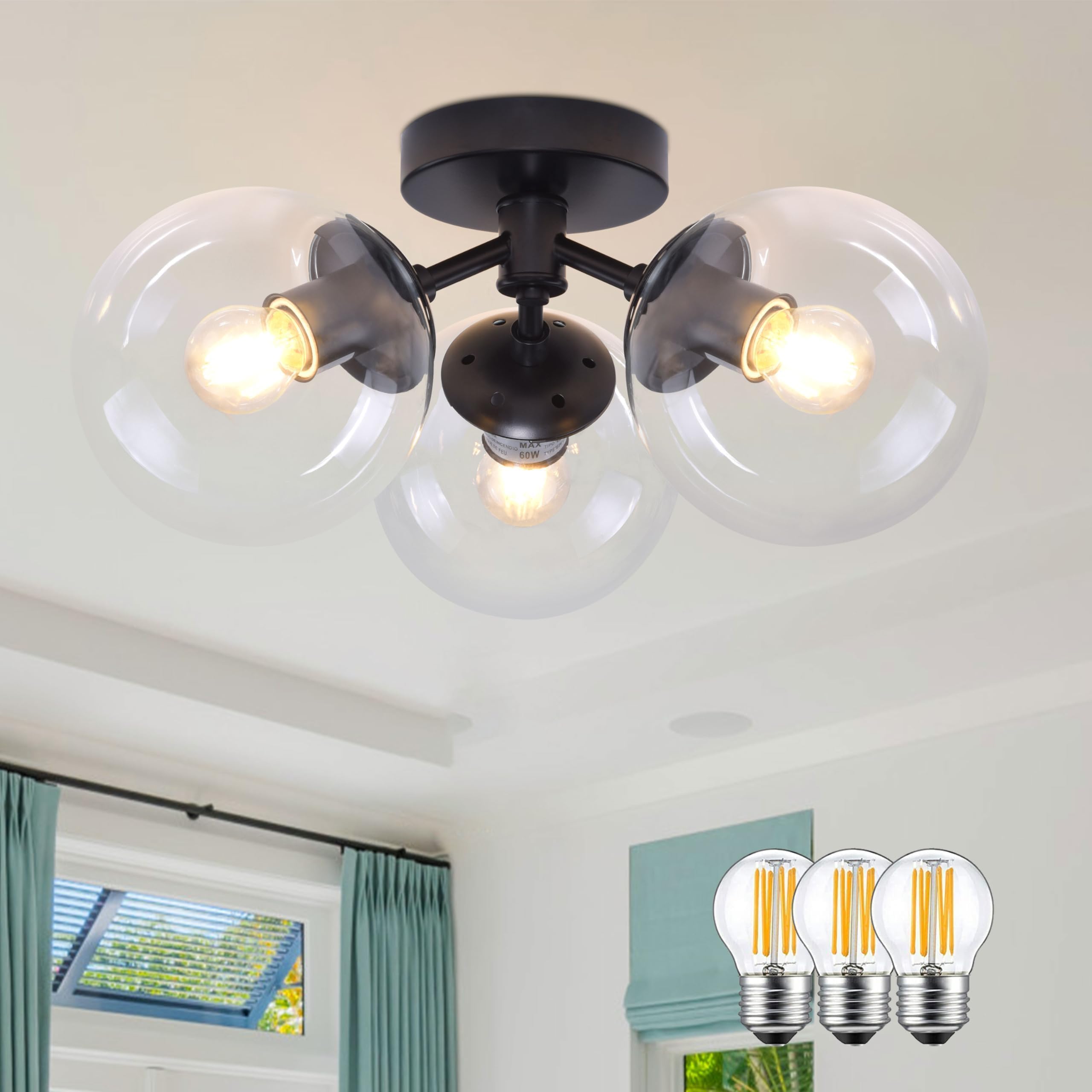 Bagood 3-Light Modern Black Semi Flush Mount Ceiling Light Clear Glass Globe Ceiling Lights Mid Century Black Chandelier 3 Light