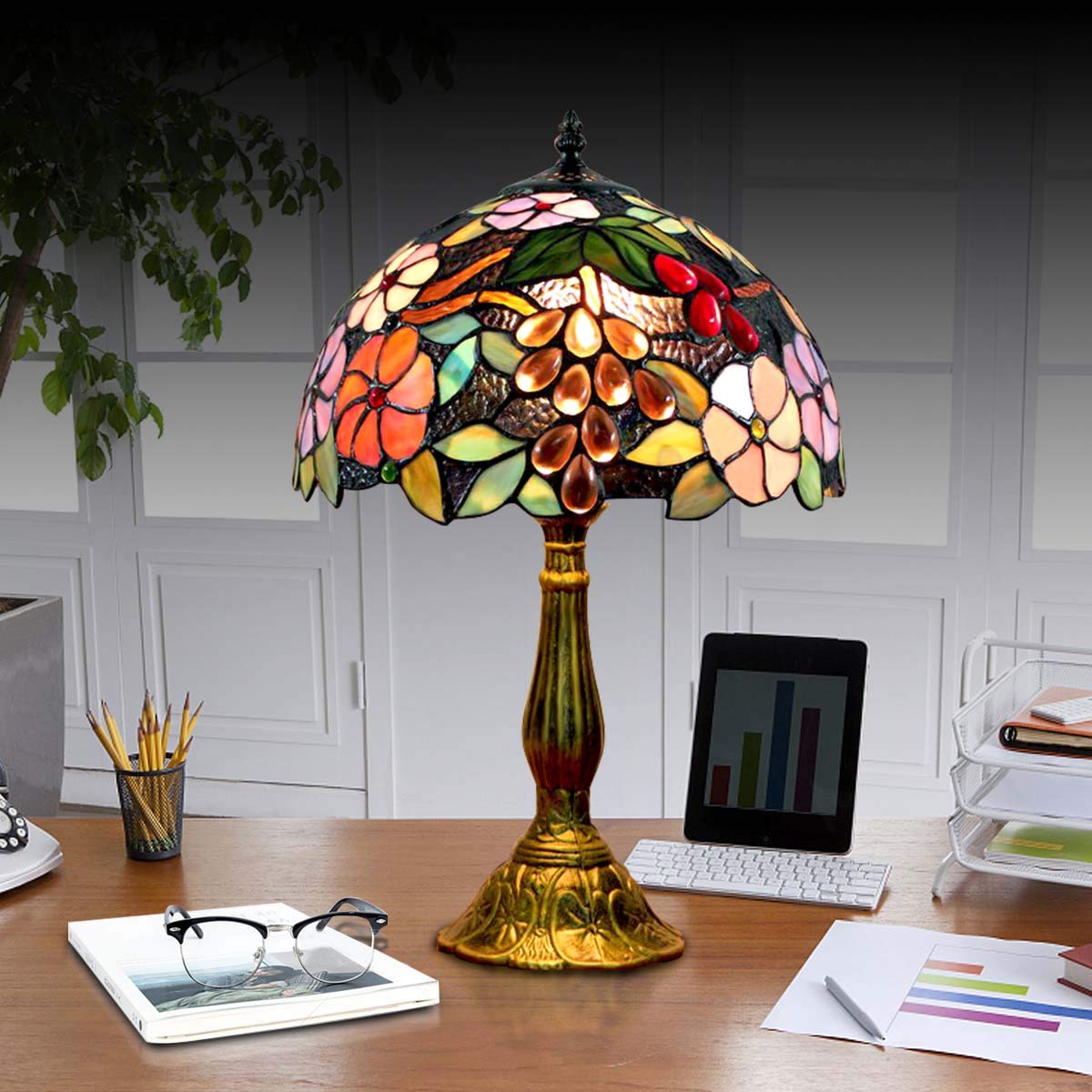 Fumat Tiffany Table Lamp For Living Room Stained Glass Grape Rose Hand-Made Table Lamp For Bedroom 12X12X18Inch Tall Bedside Nig