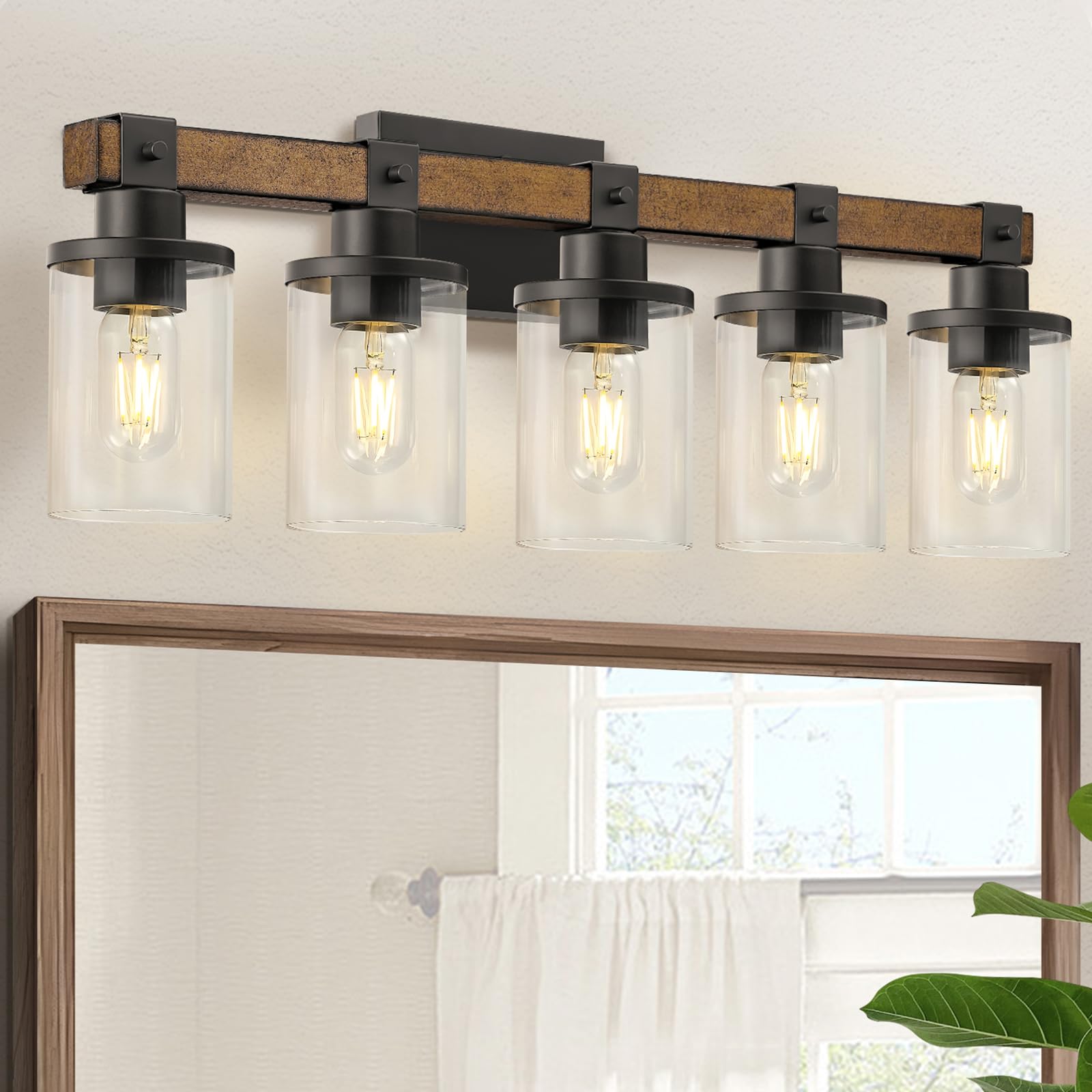 Goebleson 5-Light Rustic Bathroom Light Fixture With Glass Shades, Farmhouse Vanity Lighting