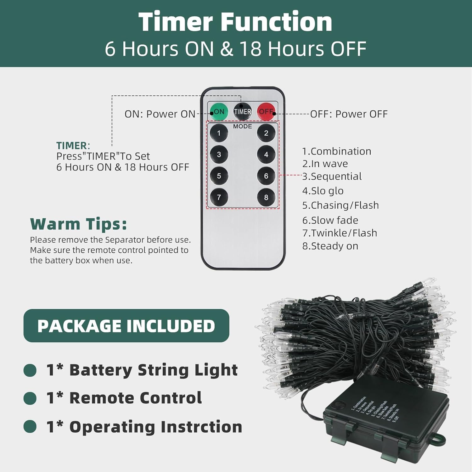 Tcamp 105Ft 300 Led Battery Operated Christmas Lights With Remote Timer Memory Function, 8 Modes Battery String Lights For Christmas Tree Bedroom Wreath Decor (Warm White)