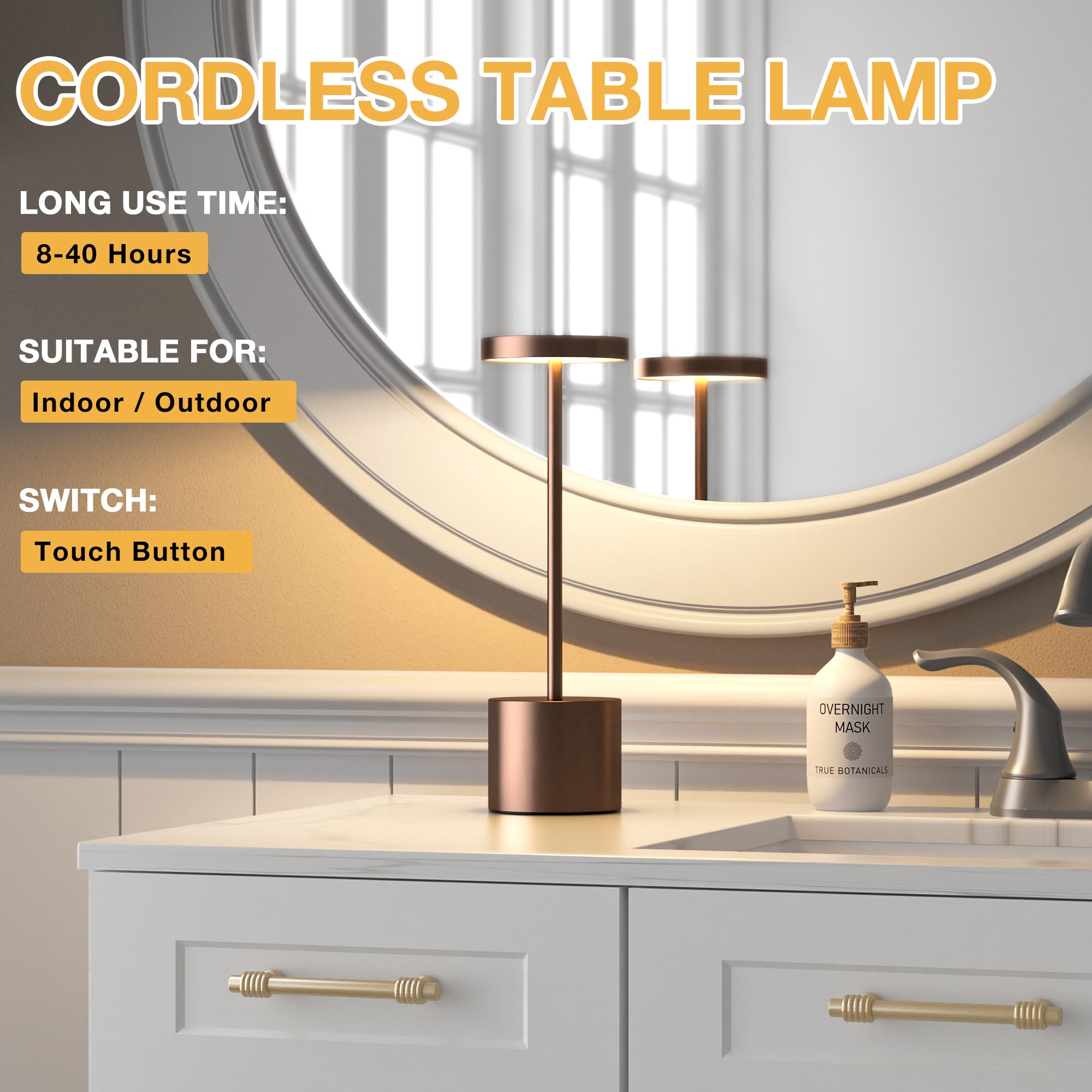 Kakanuo Brown Cordless Lamp, Rechargeable Lamp, Touch Control, 3 Color Temperature, Led Outdoor Wireless Lamp, Battery Operated