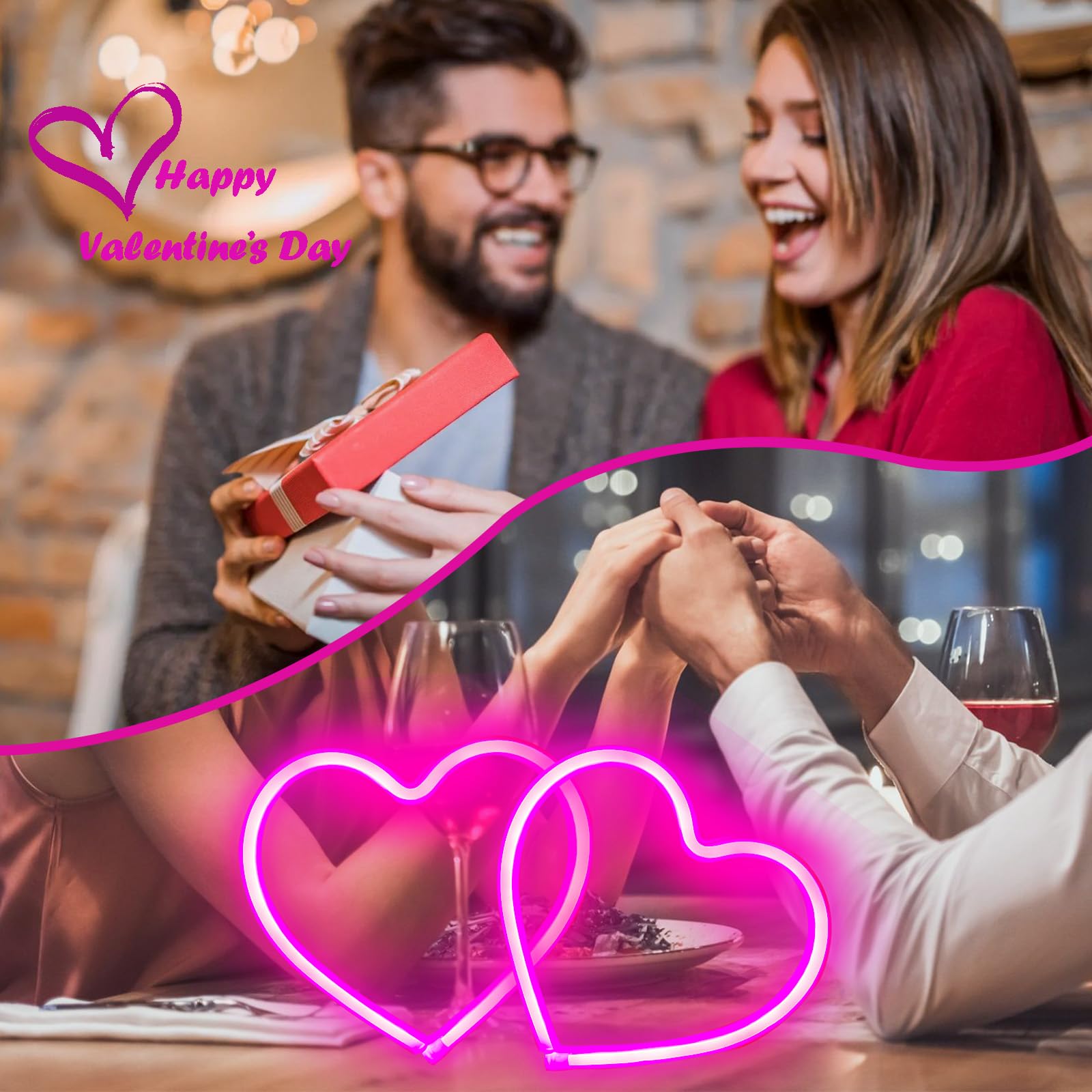 EXF 2-Pack Neon Heart Sign - Pink LED Wall Decoration Light, Battery Operated or USB Powered, Ideal for Home, Party, Wedding Decor