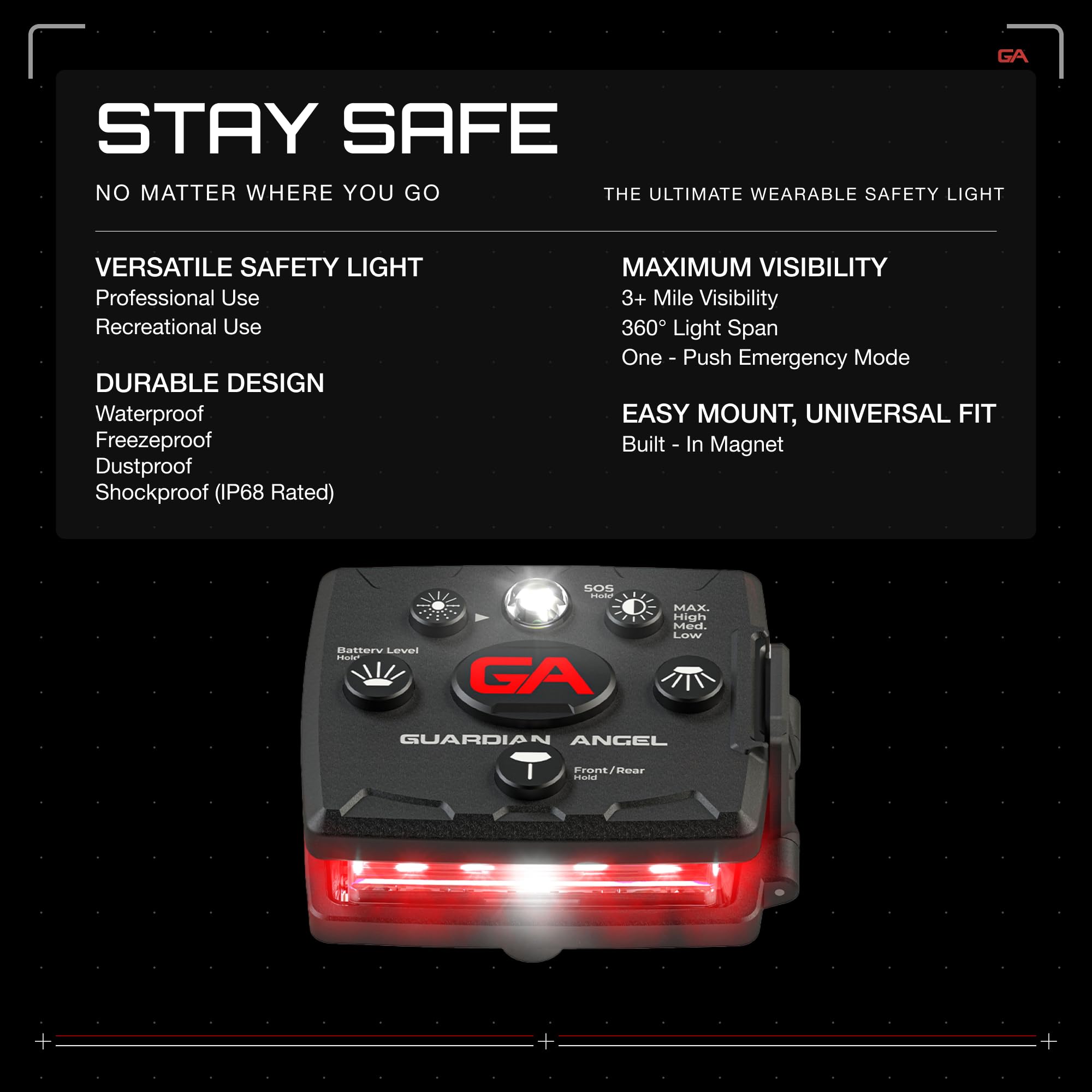 Guardian Angel Micro Series Safety Light, Beacon Device (Red Front & Red Rear) | Rechargeable, Magnetic & Hands-Free Wearable LE