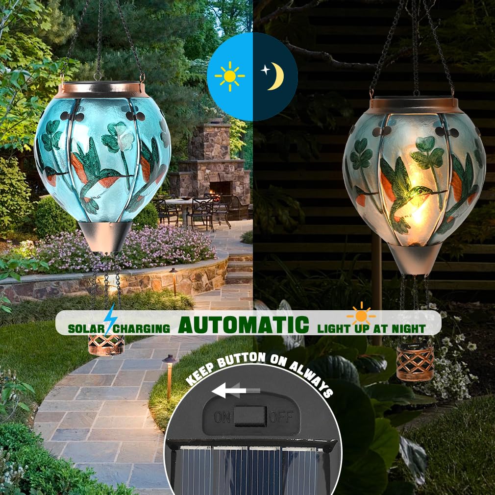 Hot Air Balloon Solar Lantern - Hummingbird Glass Lantern  Simulated Flickering & Dancing Flame  Outdoor Hanging Shamrock Yard Light Waterproof Ip65 For Patio Lawn Porch Decor Irish Gift