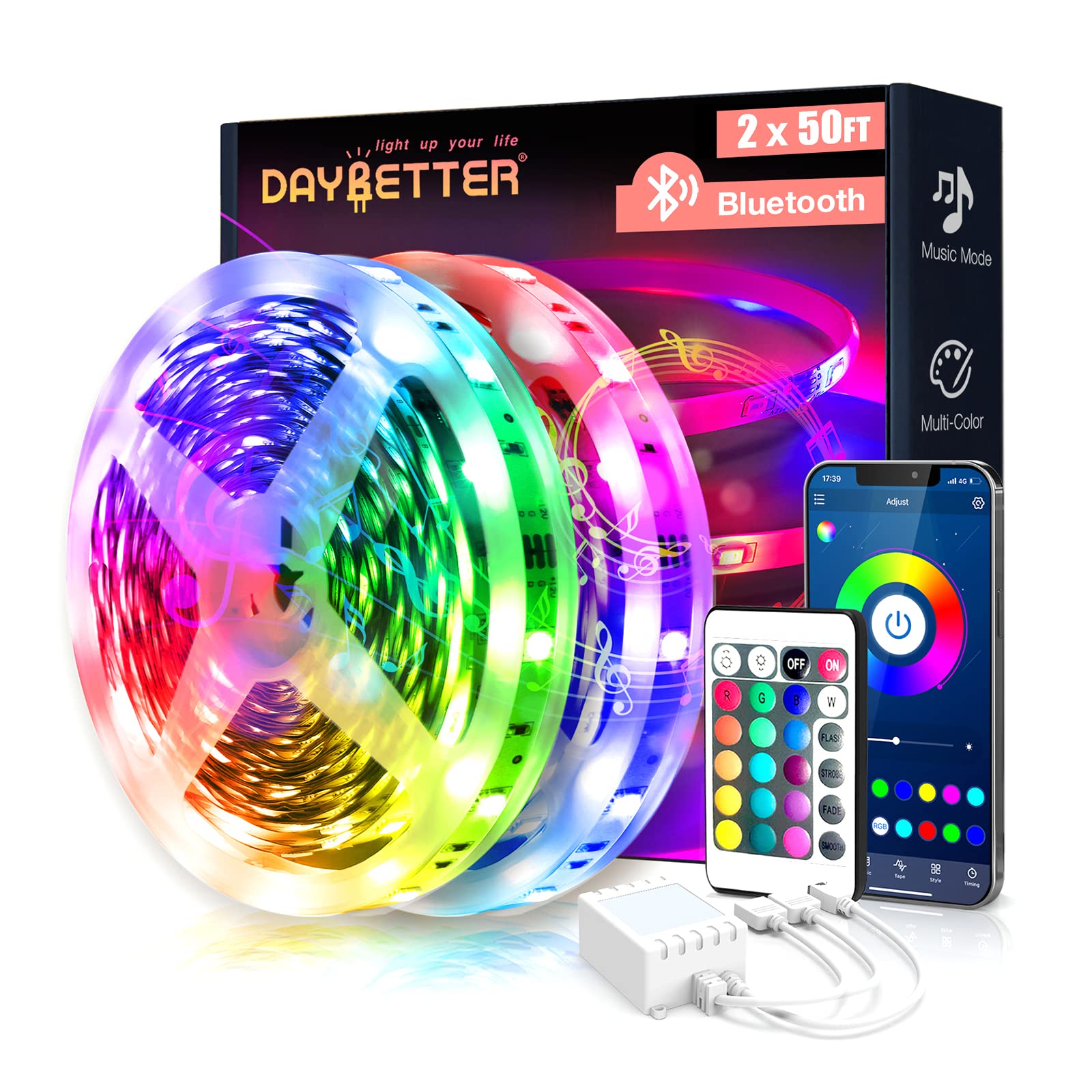 DAYBETTER LED Lights for Bedroom 100 ft LED Strip Lights Bluetooth Music Sync Color Changing LED Light Strip with Remote and App