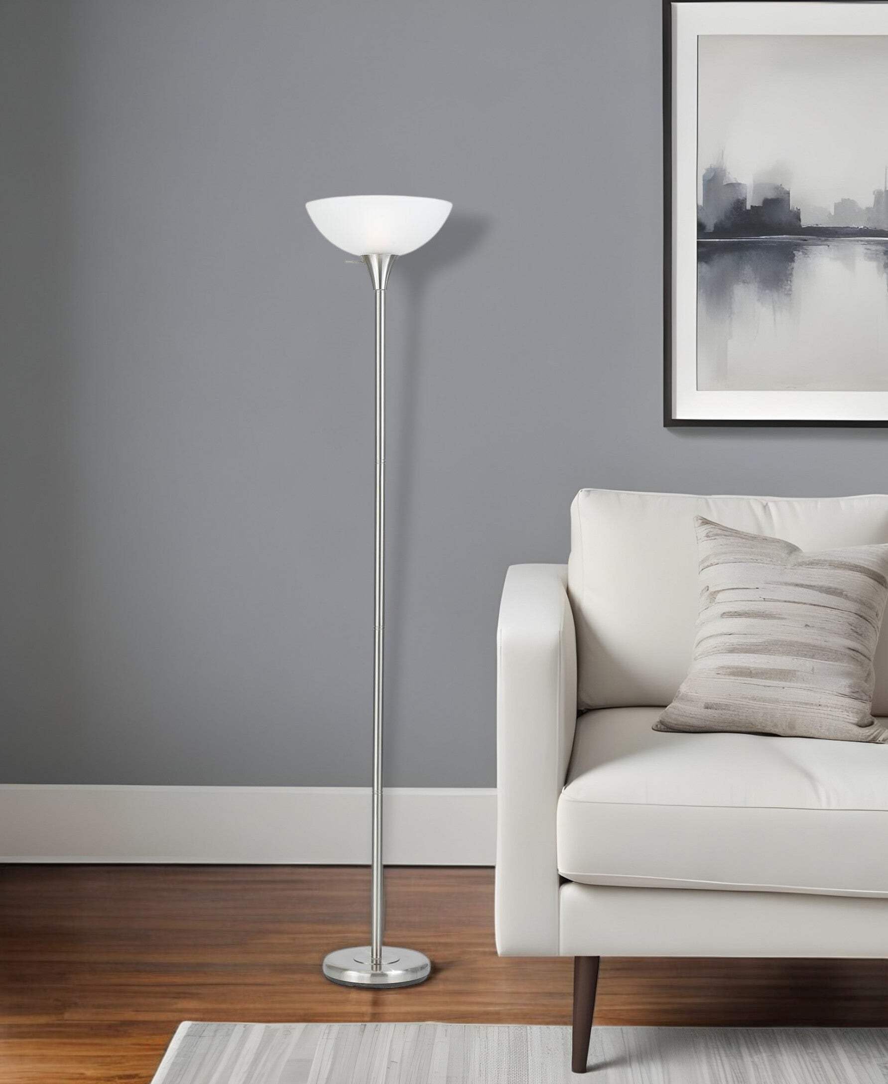Homeroots Nickel Torchiere Floor Lamp - 70 In. With White Frosted Glass Dome Shade, Metal Construction