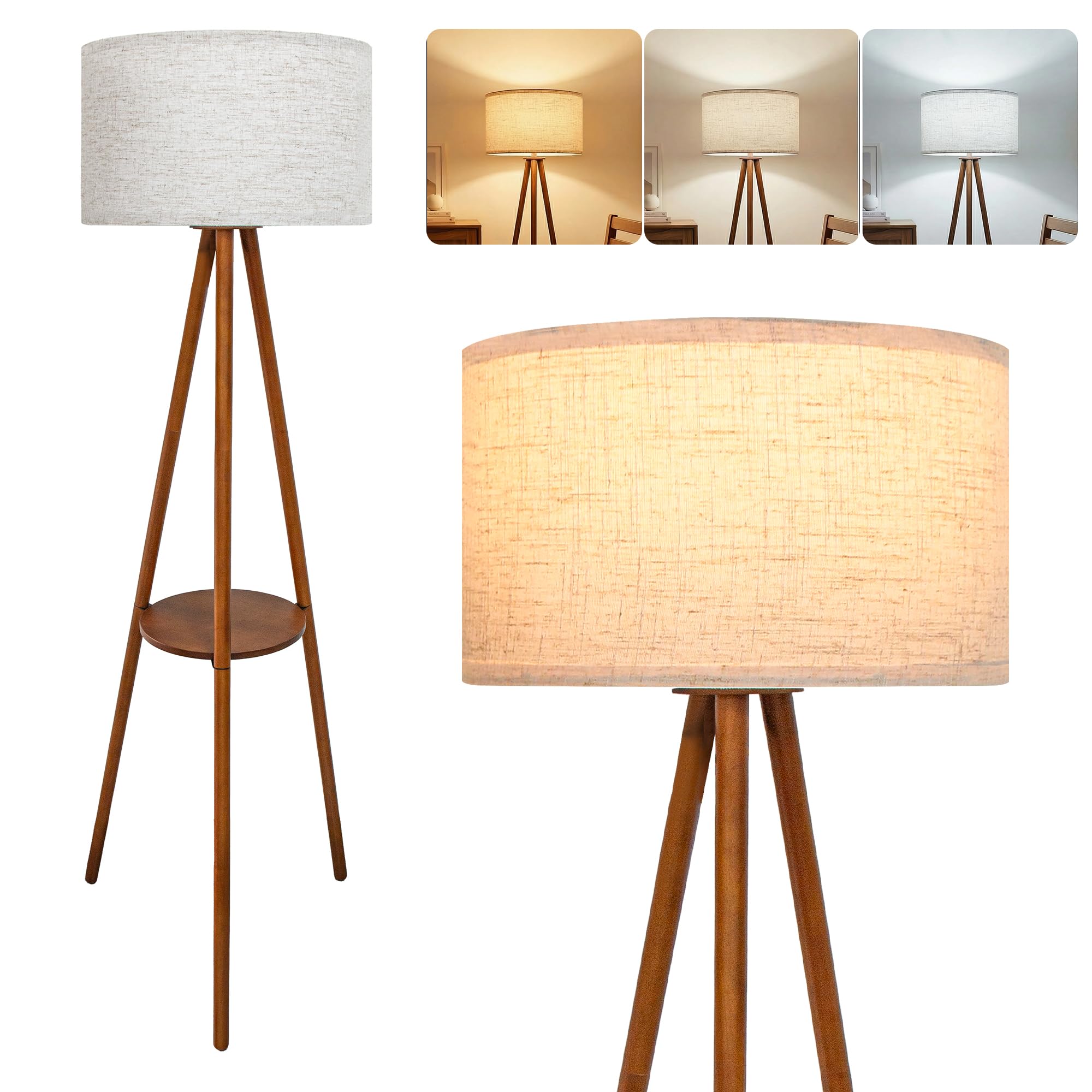 Modern Floor Lamp with White Drum Shade, Wood and Metal Construction, Adjustable Height, for Living Room, Bedroom, Office