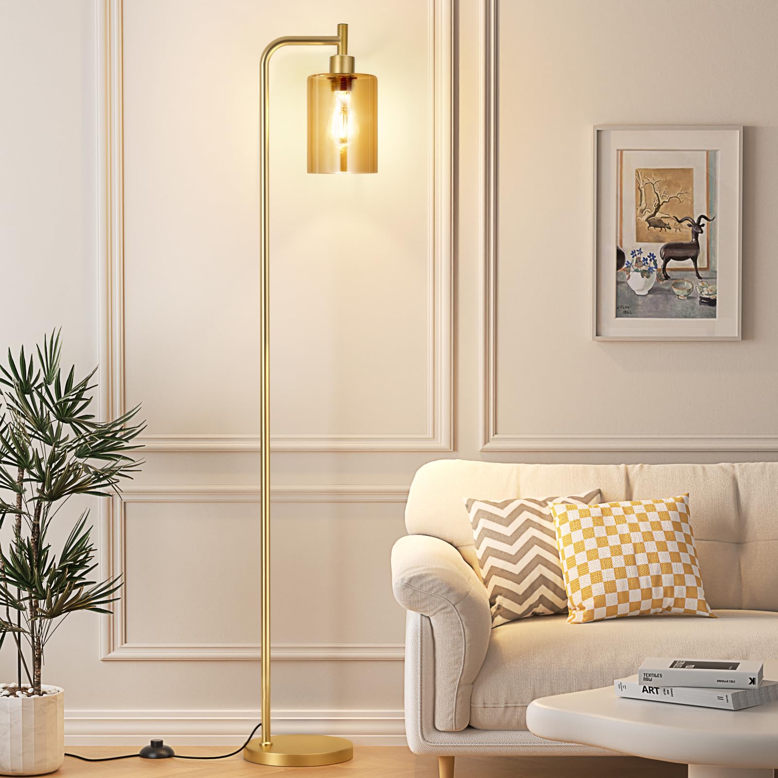 Ziisee Floor Lamps For Living Room - Gold Standing Lamp With Amber Glass Shade, Modern Floor Lamp With Led Bulbs, Bright Industrial Floor Lamp For Bedroom, Farmhouse Tall Lamp For Office