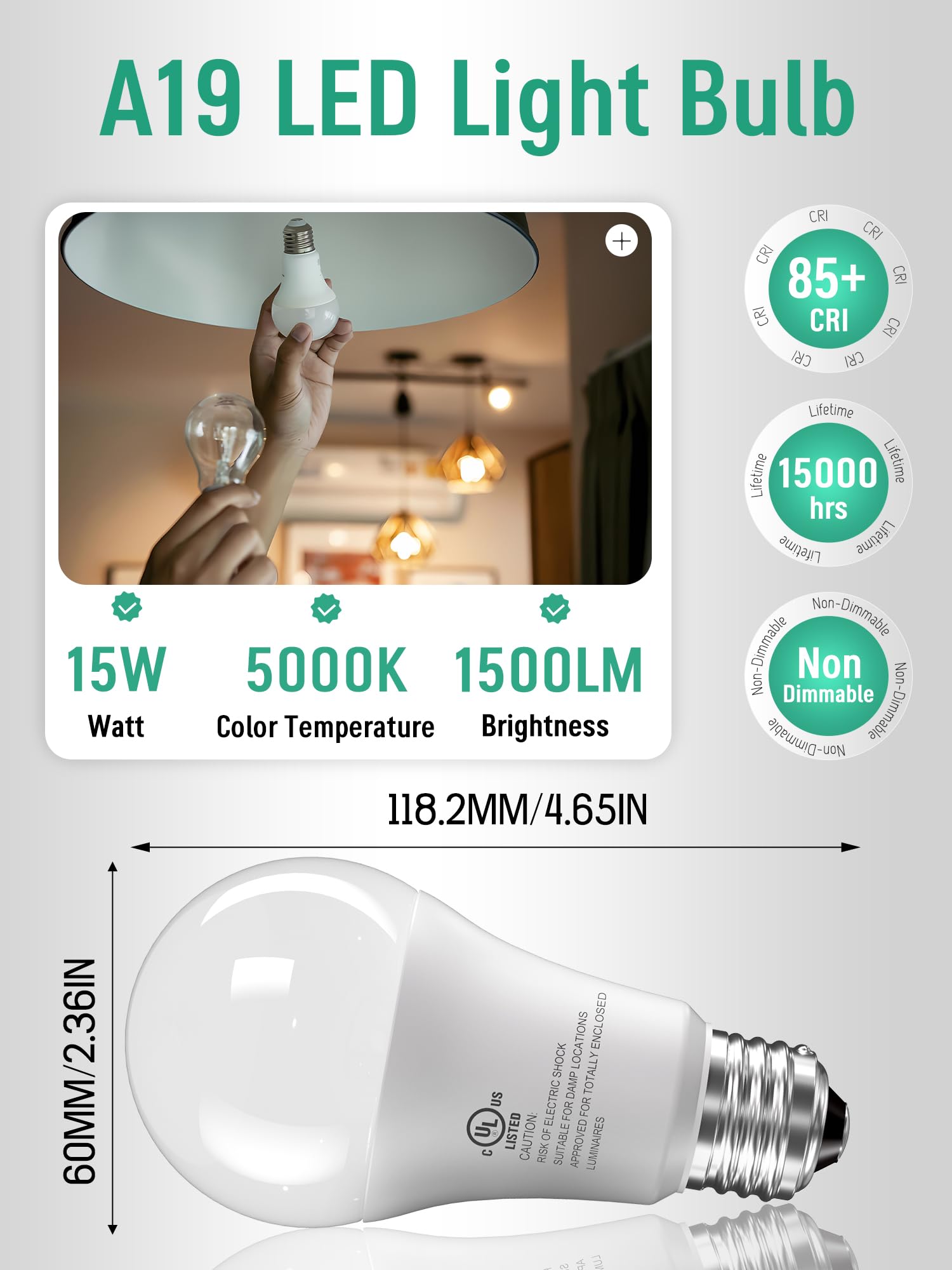 12 Pack Led Light Bulbs 100 Watt Equivalent, A19 15W 5000K Daylight, Super Bright White Light 1500 Lumens, E26 Standard No Flick