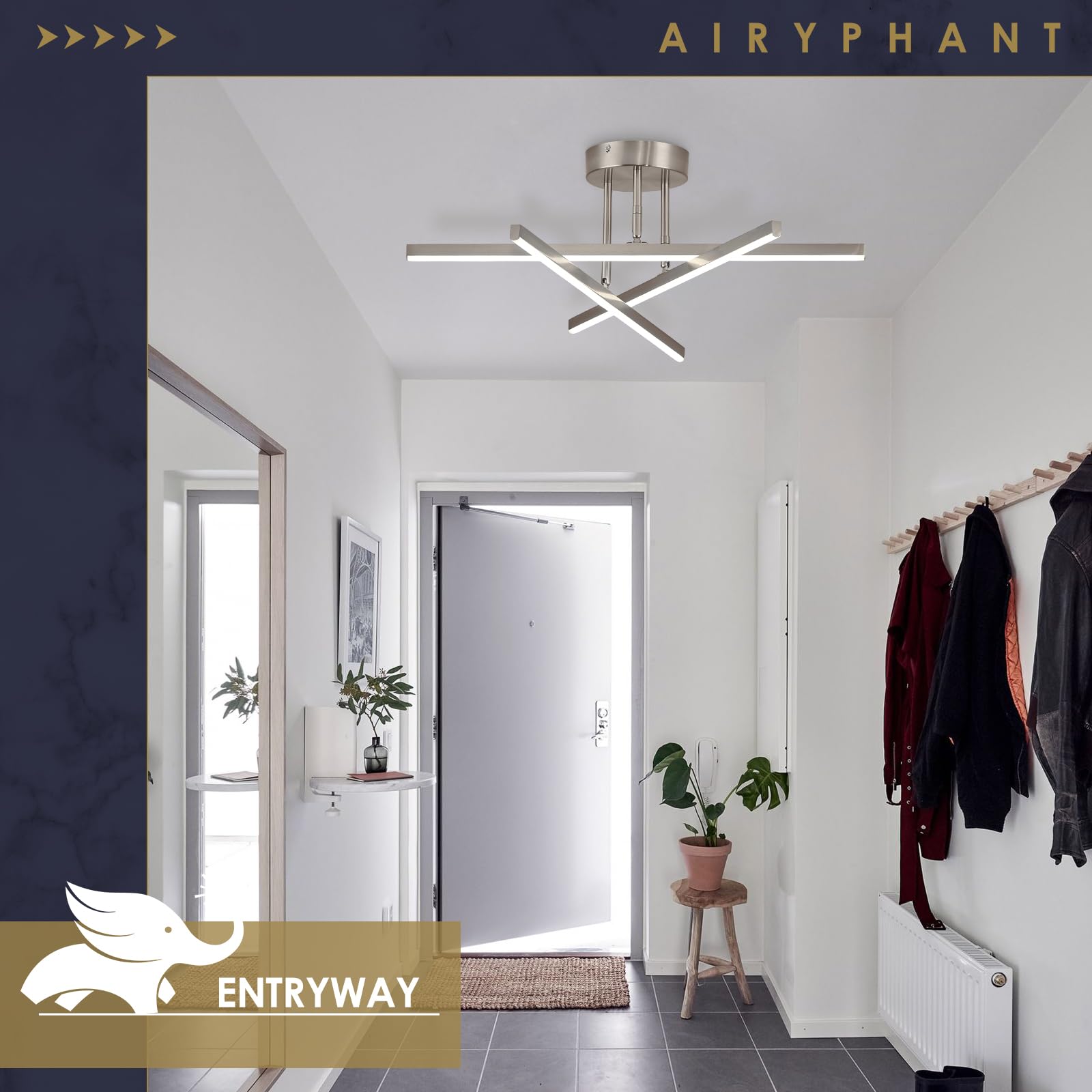 AIRYPHANT Modern LED Chandelier 18W Dimmable Nickel Semi Flush Mount, 3 Lights - 23.82" for Kitchen Dining Room Foyer Entry