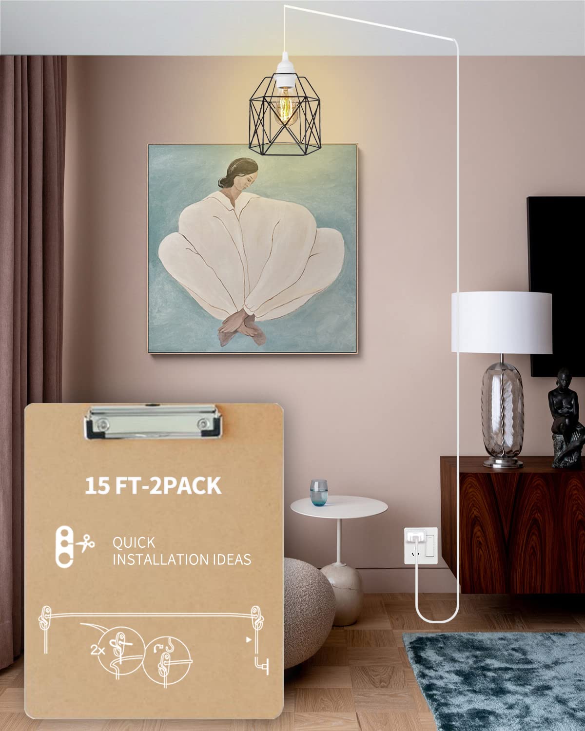 Huibona Plug In Hanging Light Cord,E26/E27 Extension Hanging Plug In Light Sockt, 2-Pack 15Ft Pendant Light Socket Kits White For Kitchen Bedroom Farmhous.