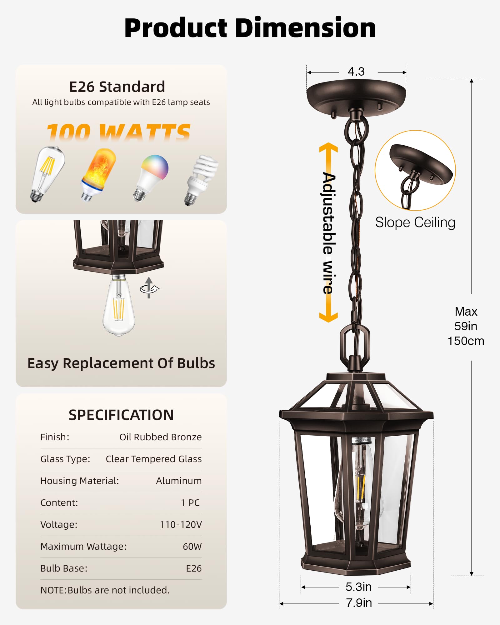 Vianis Oil Rubbed Bronze Pendant Light Fixtures  Modern Orb Outdoor Chandelier With Clear Tempered Glass  Aluminum Ceiling Lights For Porch  Hanging Lighting For House