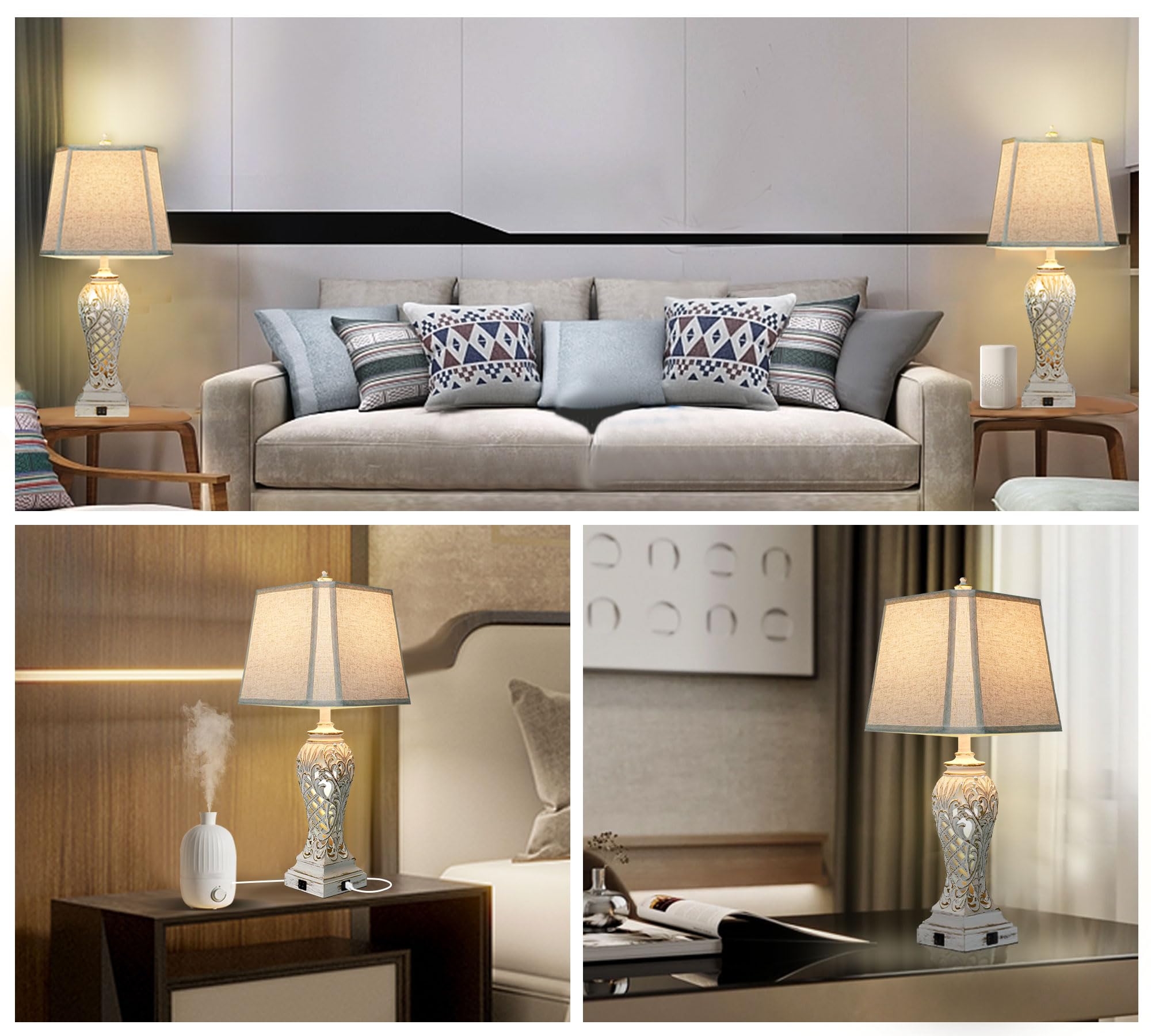 Ikopyal Table Lamps For Bedroom Living Room, Bedside Lamp With Fabric Shades, 29'' Tall Coastal Nautical Lamp With Usb And Night