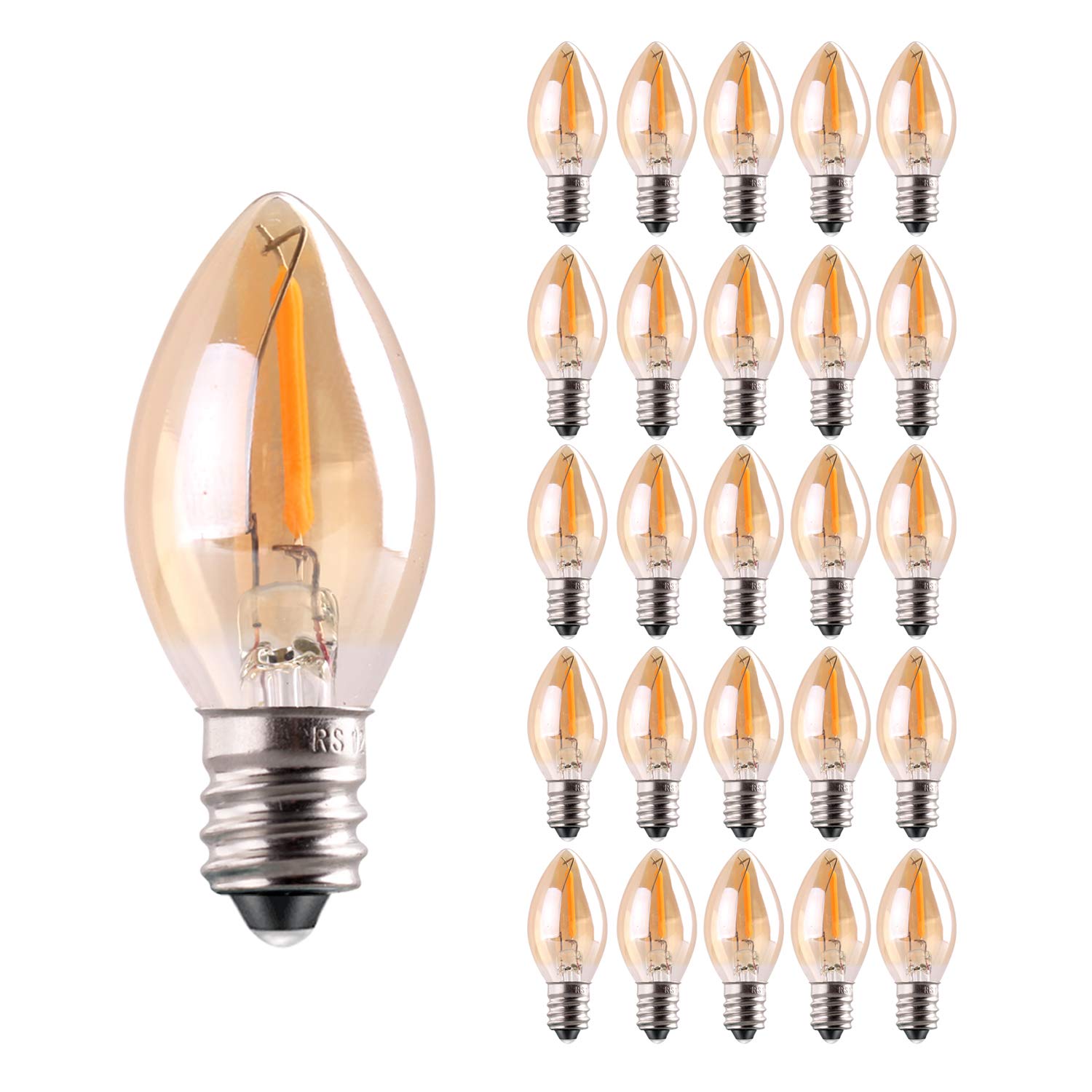 Sphoon LED Filament Bulb, E12 Candle Base, 0.5W, 25 Pack, Ultra Warm White 2200K, Amber Glass
