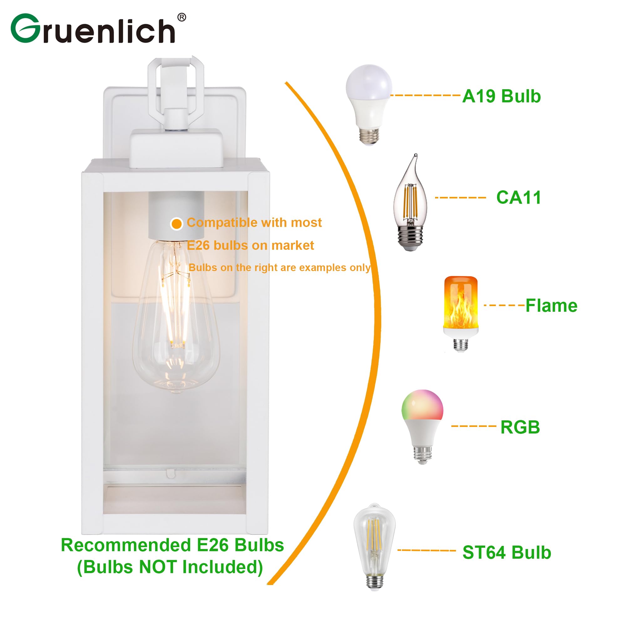 Gruenlich Outdoor Wall Lantern, Wall Sconce For Porch Lighting Fixture, E26 Base Max 60W, Metal Housing Plus Glass, White Finish