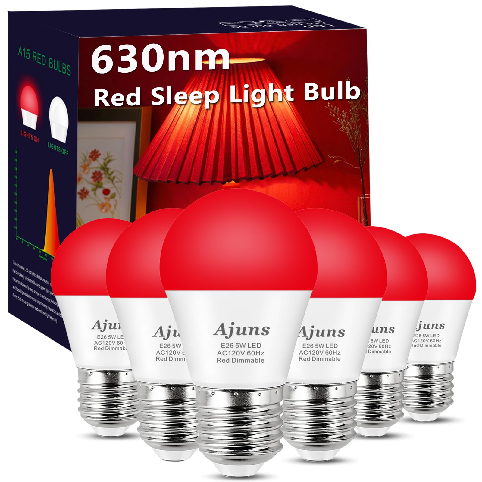 630nm LED Red Sleep Light Bulb Dimmable  Blue Light Blocking Bulb Promoting Melatonin Red Light Bulbs  A15 LED 5W 40W Equivalent Night Light E26 Base 6Pack