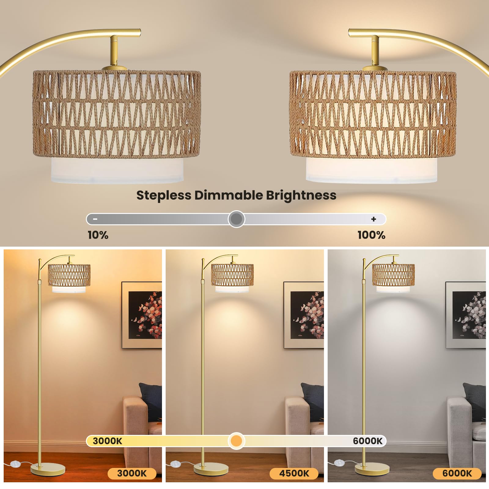 Yusist Arc Floor Lamp For Living Room,Gold Floor Lamps With Remote Control & Dimmable Bulb,Rattan Boho Tall Standing Lamp For Be