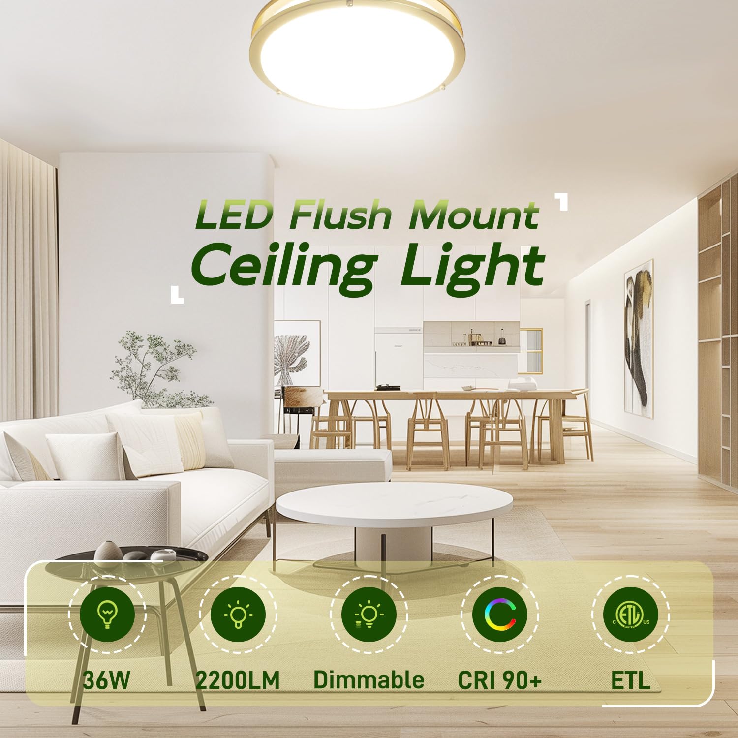 hykolity LED Flush Mount Ceiling Light, 16 inch, Gold, 36W, 2200LM, CRI90, ETL Listed, Model HBCE-16C-G5