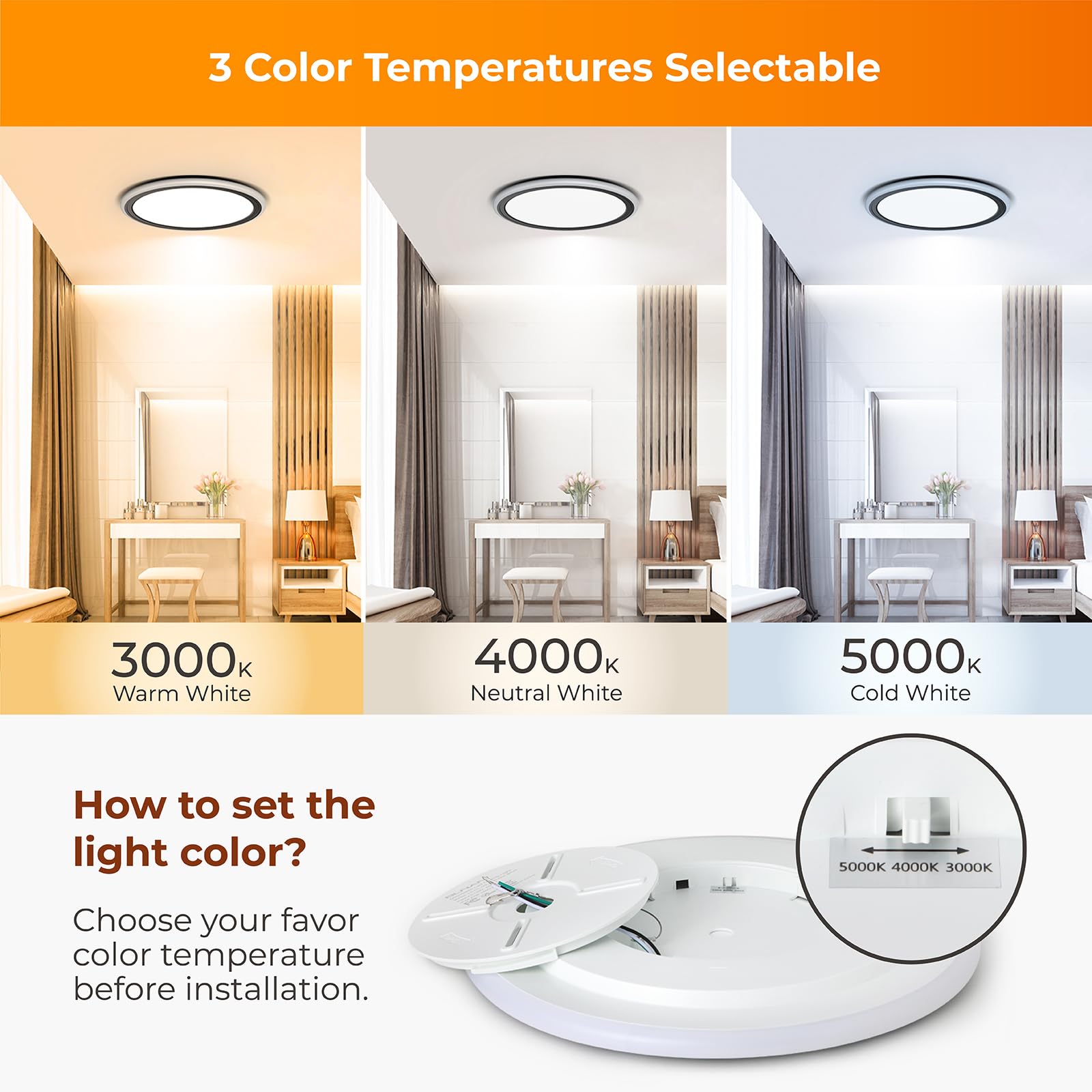 Blnan Dimmable Led Ceiling Light, 2000K Night Light, 13&quot; Round, Black, 3000K