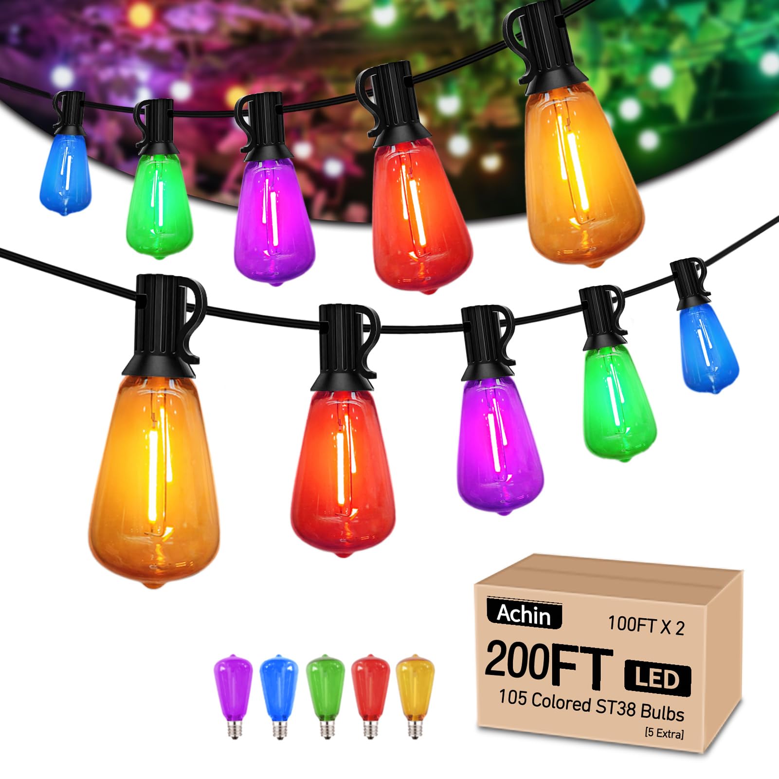 Achin Multicolor Outdoor String Lights 200FT(100ft*2), Colored Patio Lights Waterproof with 100+5 ST38 Vintage LED Bulbs Shatter