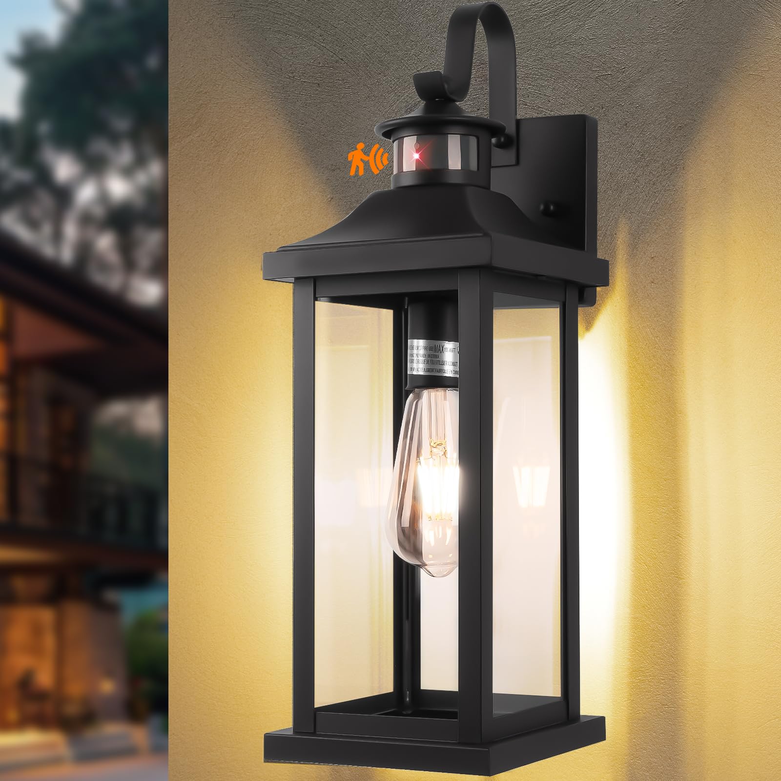 Roravilila 1-Pack 18 Inch Motion Sensor Front Porch Light IP65 Waterproof, Large Black Dusk to Dawn Outdoor Wall Lighting for Ho