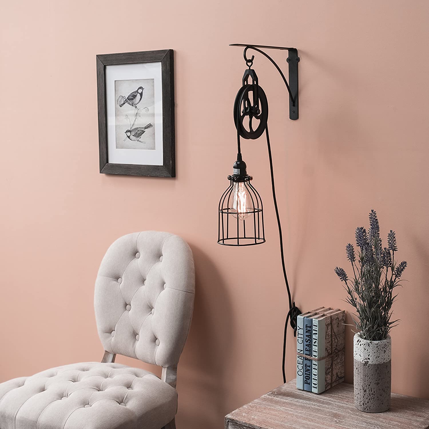 Rustic State Vintage Industrial Farmhouse Pulley Wall Mount Lamp RT132 Black